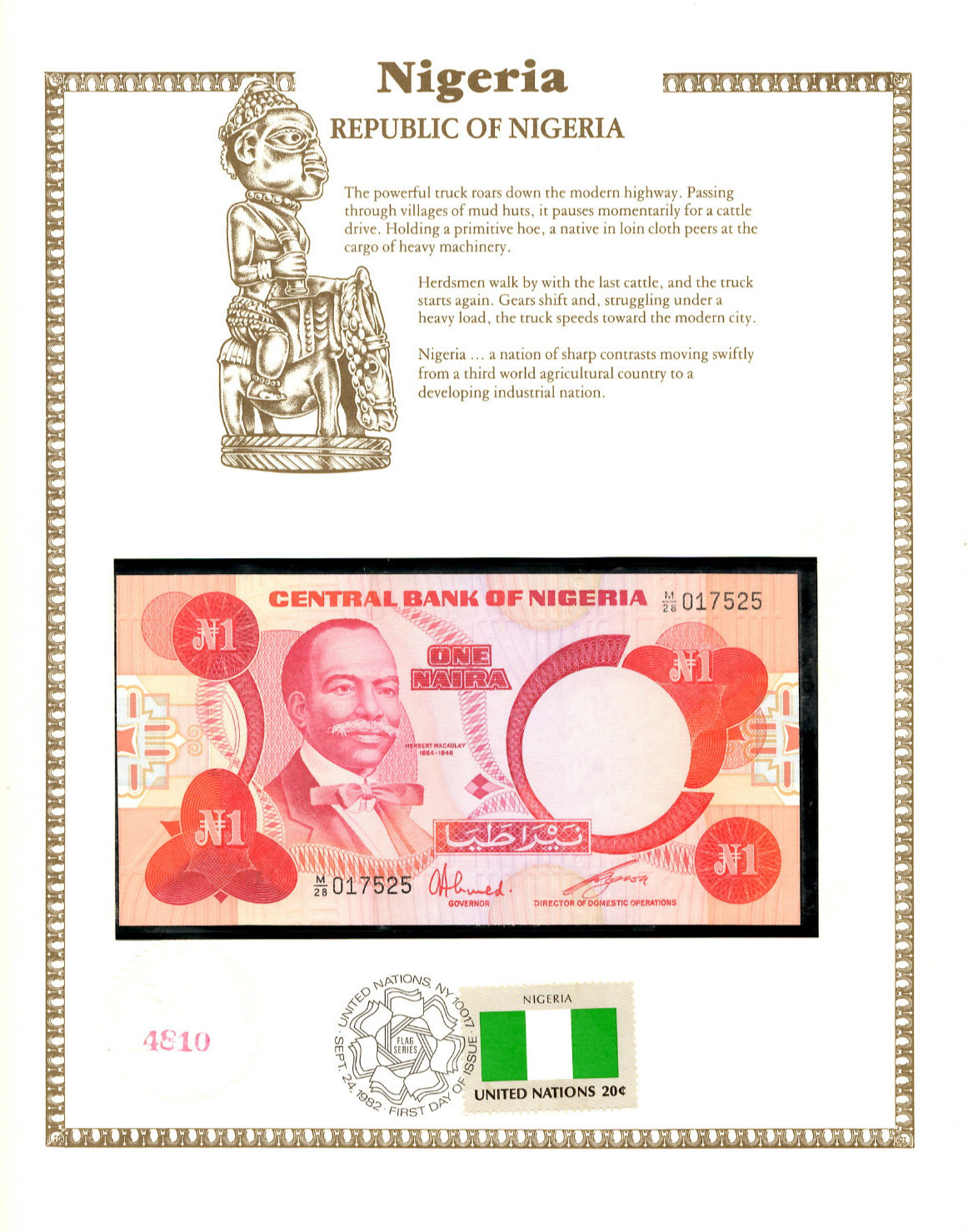 Nigeria 1 Naira 1979 P-19c UNC w/ FDI UN FLAG STAMP M/28 017525