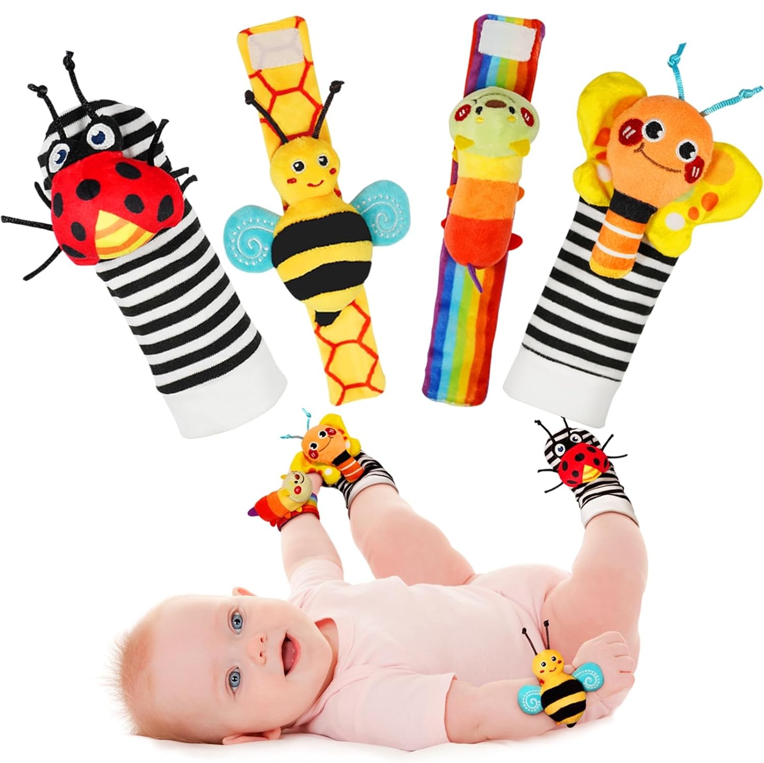 Infinno Baby Wrist Rattle Socks and Foot Finder Set, Perfect multicolored