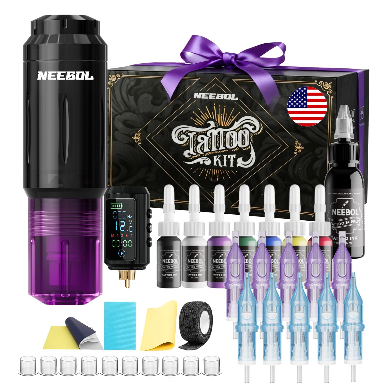 Neebol Tattoo Gun Kit for Beginners – Wireless with Medium, Purple