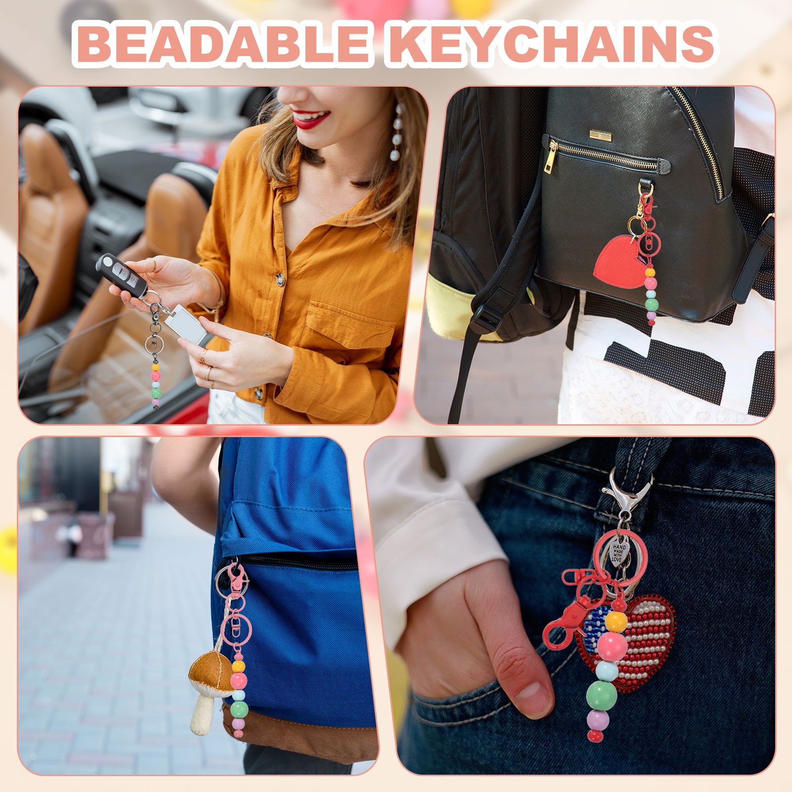 18Pcs Beadable Keychains, DIY Beaded Keychain Making Kit, Candy Purple