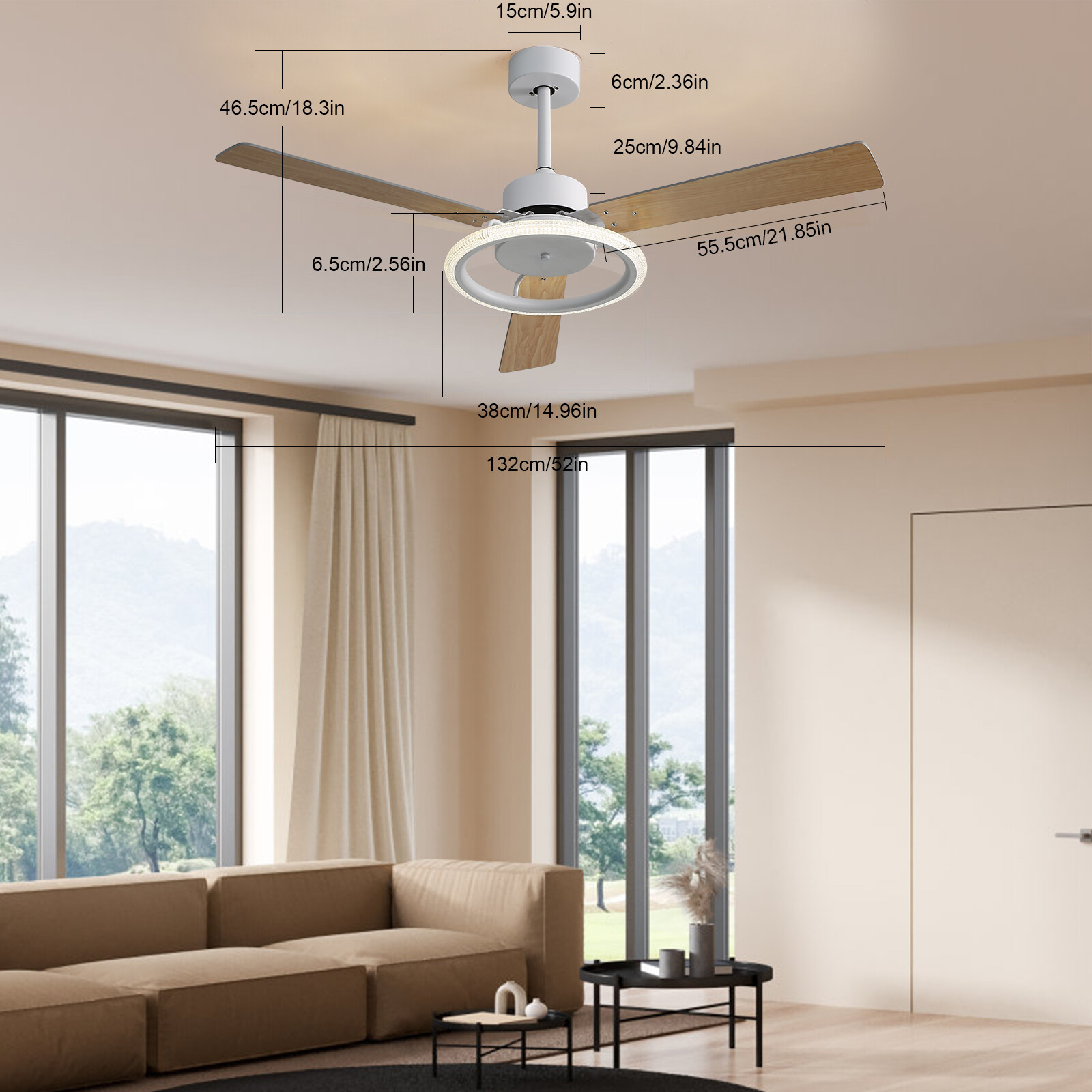 1/4/8H Timeable Large Wood Blade Ceiling Fan LED Light with Remote Control 52"