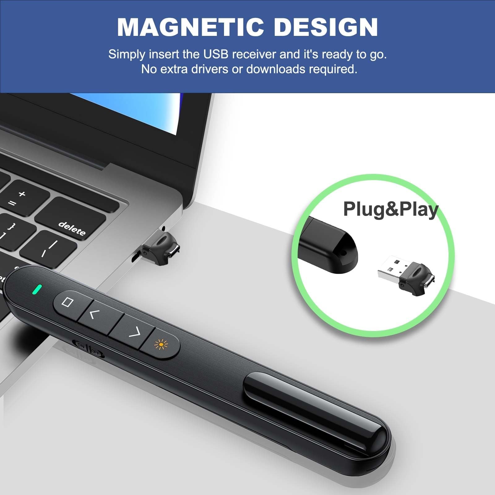 Wireless Presentation Clicker with Volume Control - USB Remote for PowerPoint, M