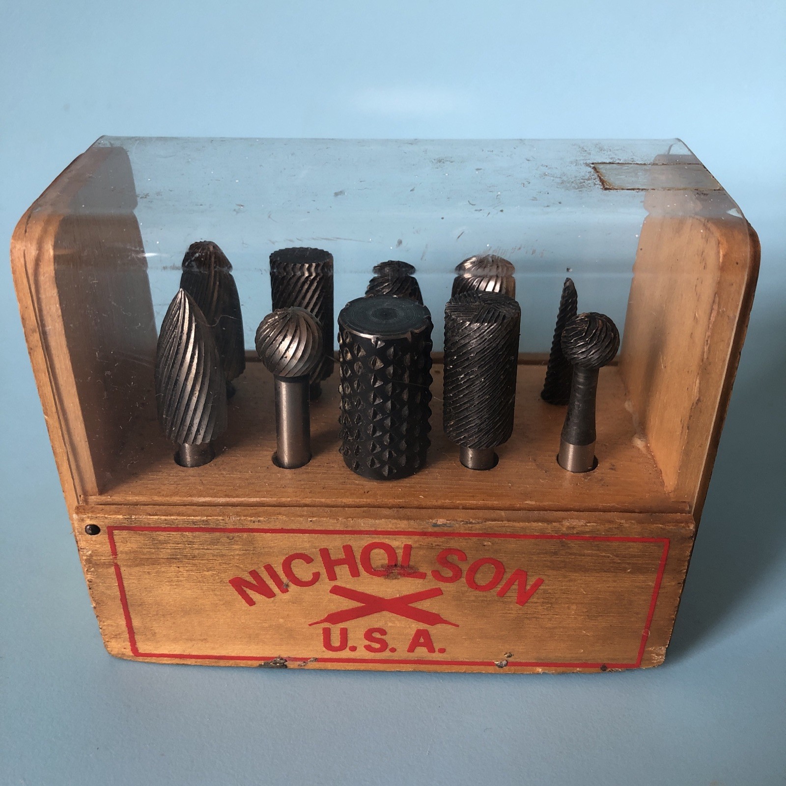 Vintage Nicholson USA Carbide Burr Rotary File Set 10 Pc Wood Block