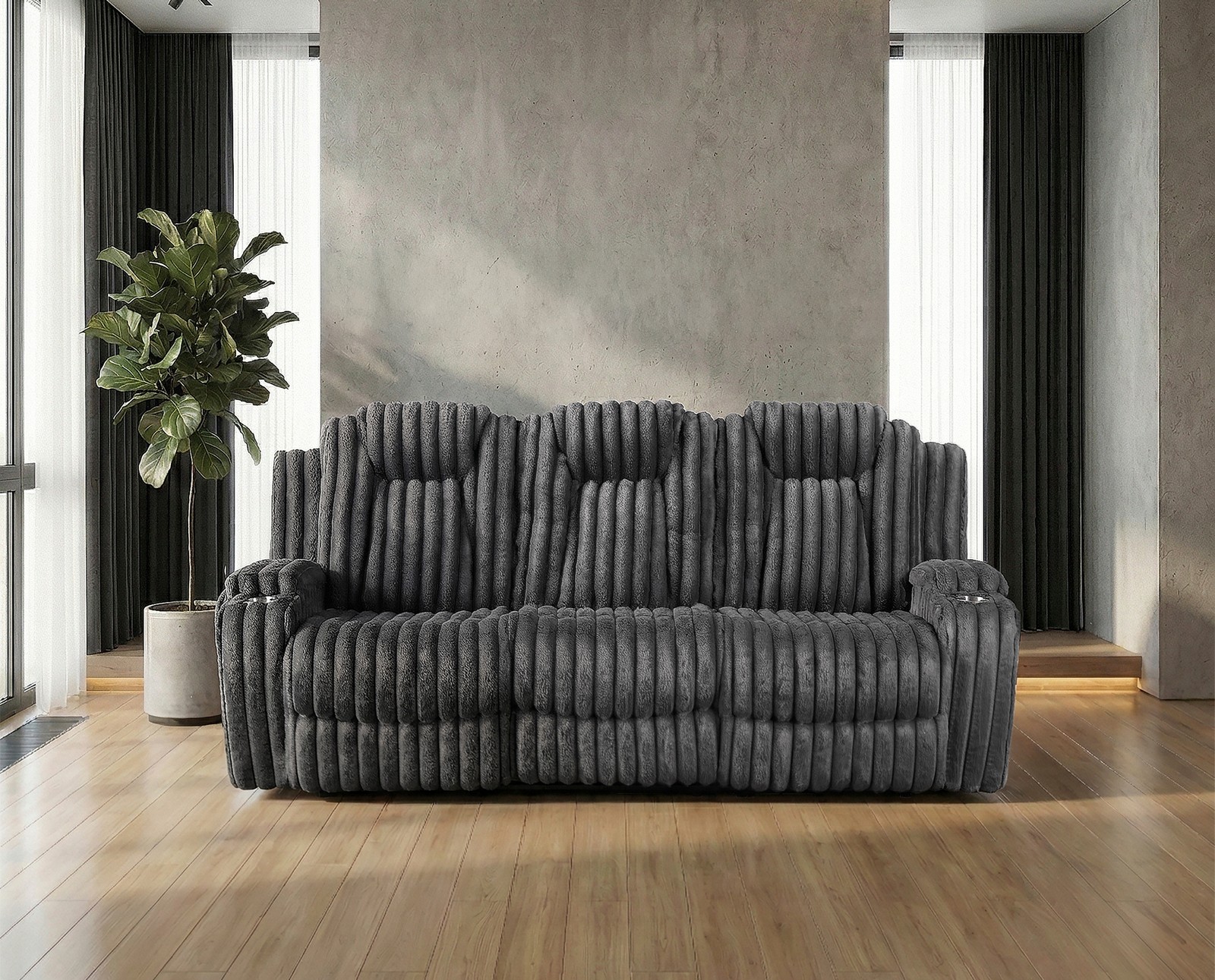 Reclining Sofa w/ Cup Holders Dark Gray Corduroy 3 Seater Living Room Furniture