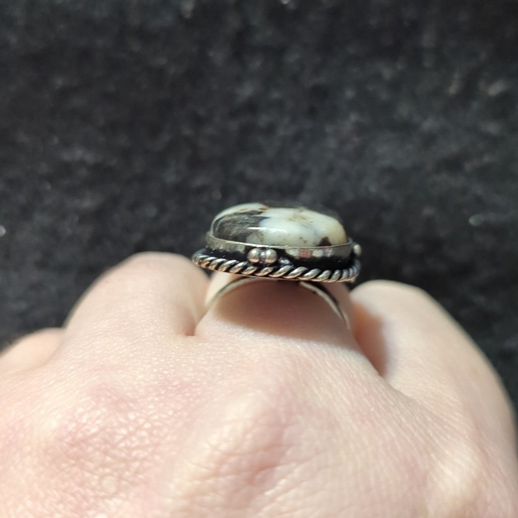 Silver Plated White Black White Buffalo Gemstone Teardrop Statement Ring - 8-10