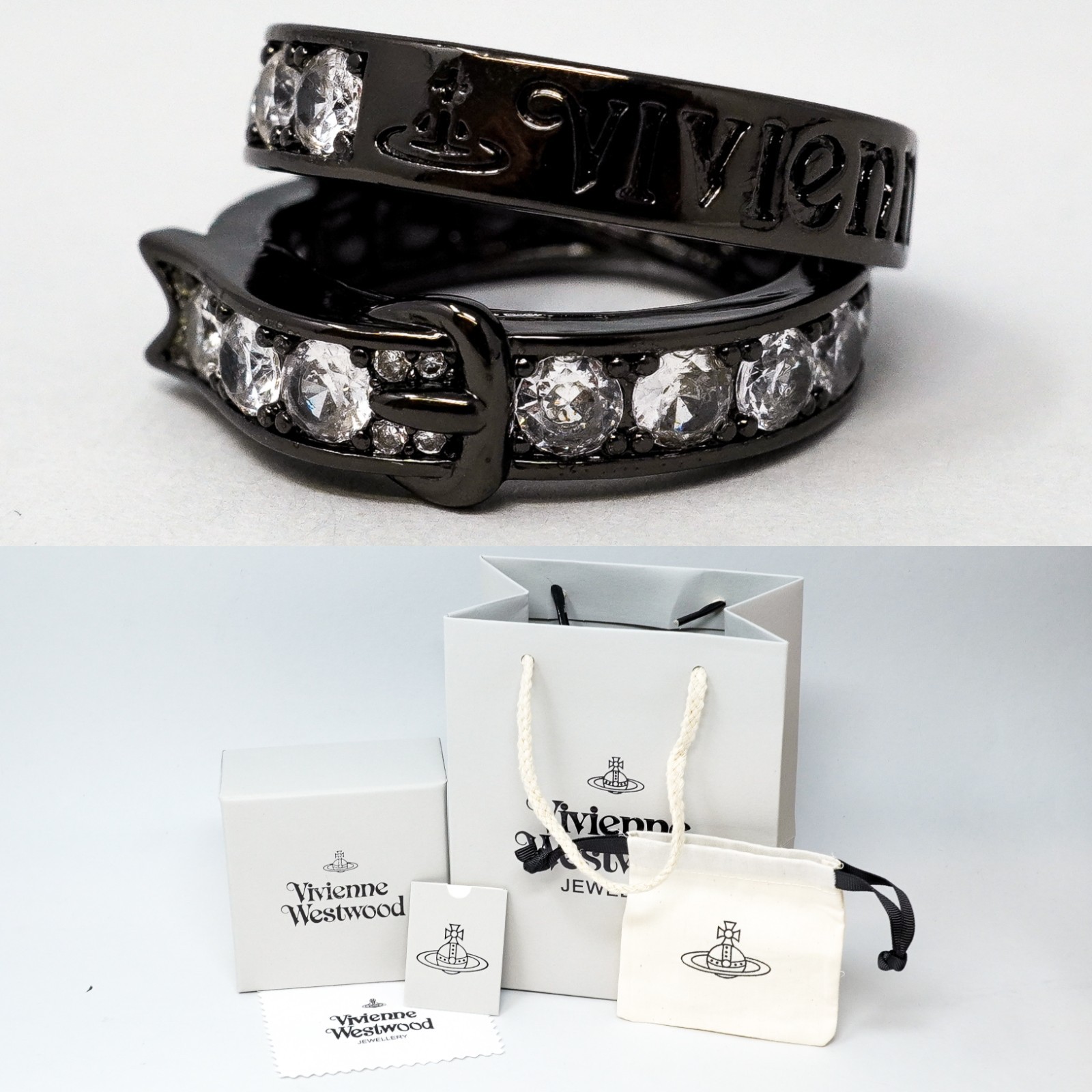 Vivienne Westwood Ring Gun Metal Black Belt Orb & Crystals Gift Box Size L 1/2
