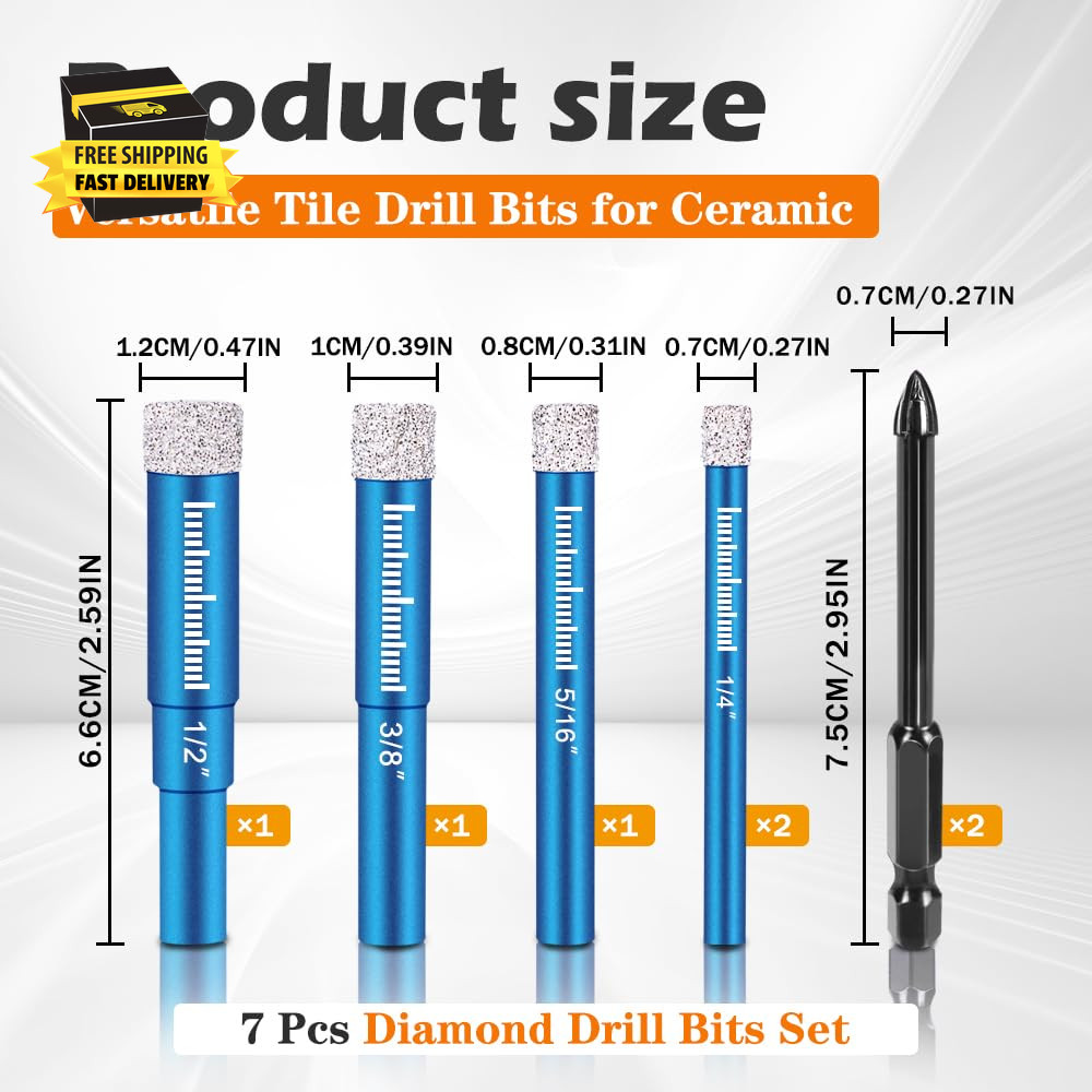 7 Pcs Diamond Drill Bits Set, Versatile Tile Drill Bits for Ceramic Glass Porcel