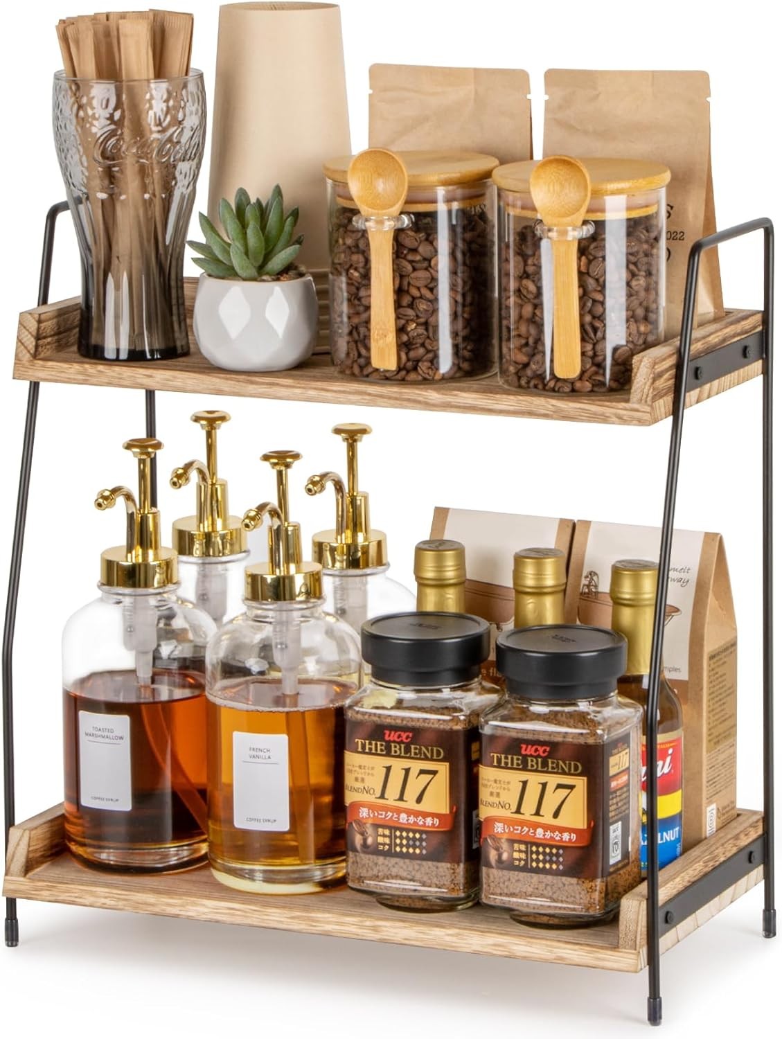 Organizador de café de mostrador, estante de madera de 2 niveles marrón