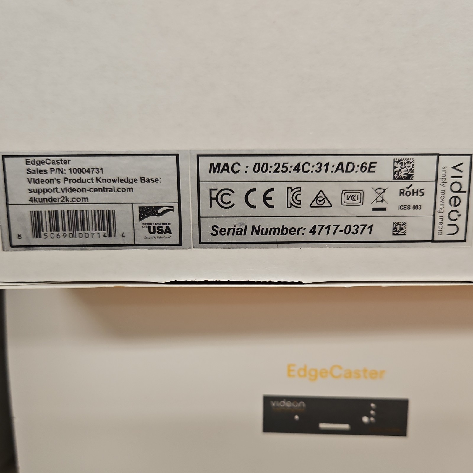 Videon EdgeCaster 4K UHD Video Encoder Streamer/Recorder Rack-Mount HDMI USB3