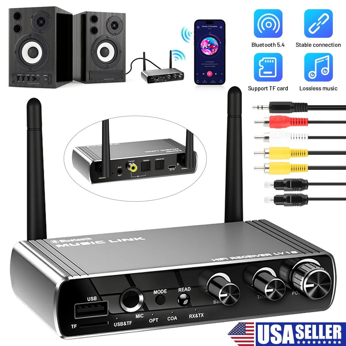 Bluetooth V5.4 Audio Receiver for Home Stereo, Wireless Adapter with Optical/USB