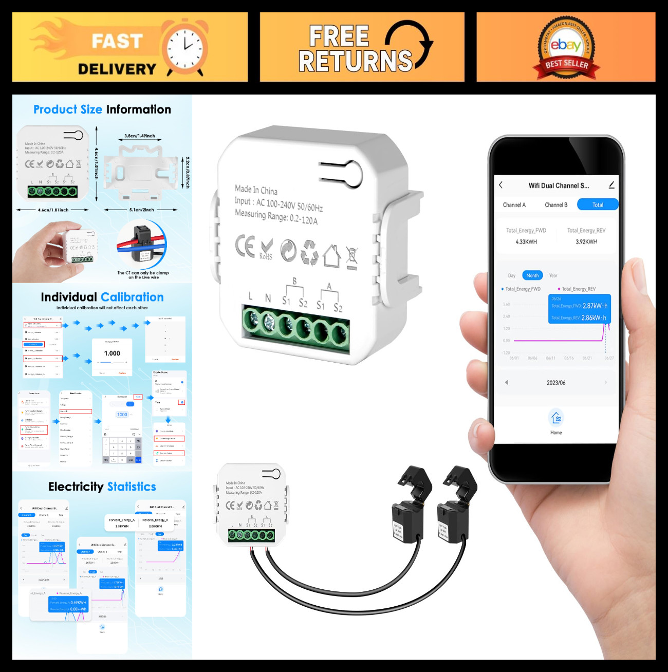 Dual-Channel Smart Home Energy Monitor 2×120A, WiFi Electricity Usage Meter, App