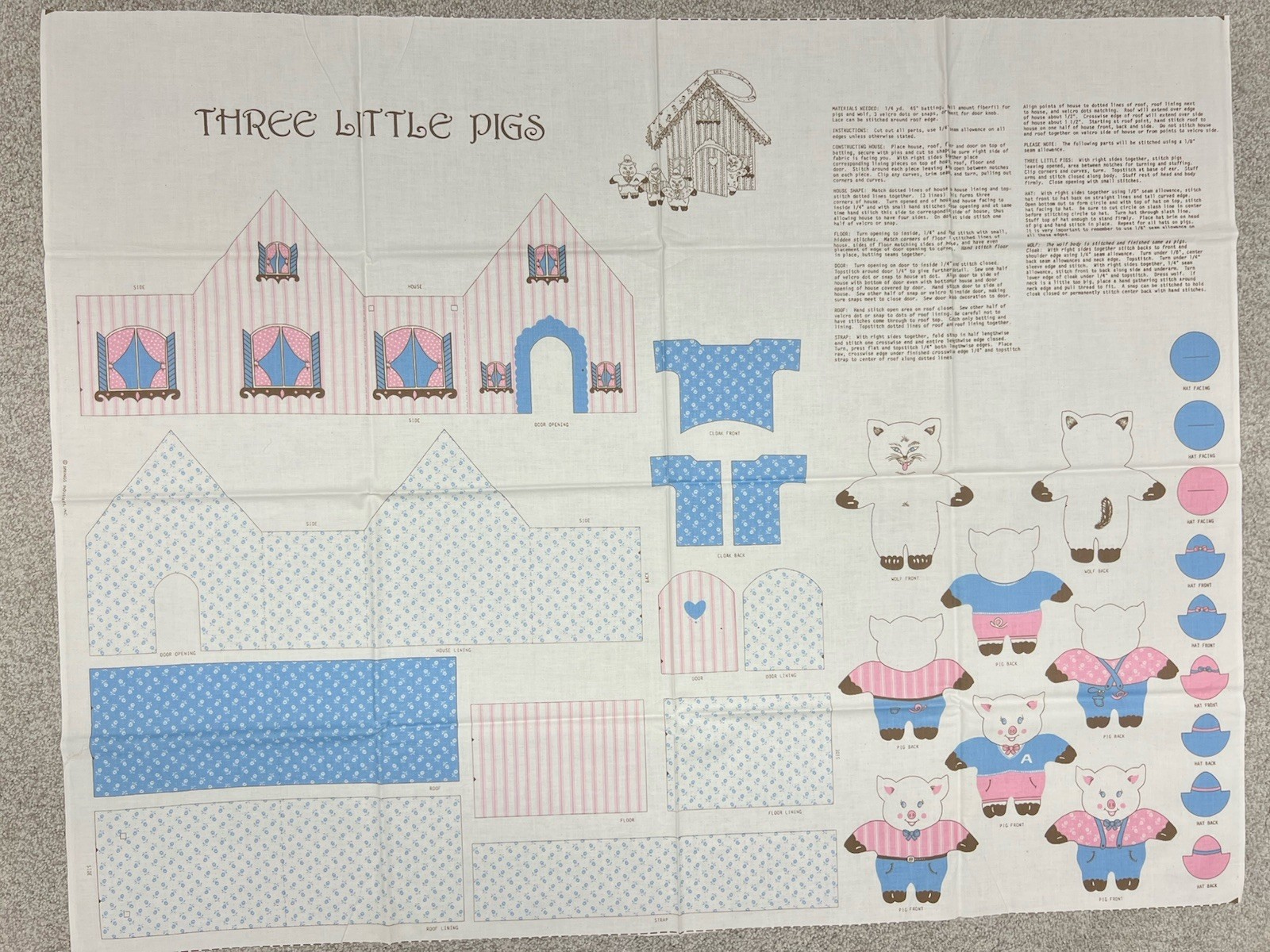Springs Ind THREE LITTLE PIGS & WOLF & HOUSE Cut & Sew FABRIC PANEL