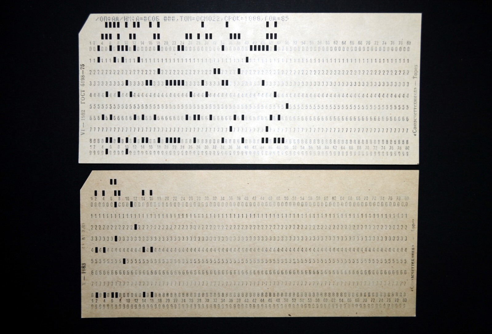 2x VINTAGE MAINFRAME COMPUTER Perforated PUNCH CARDS. IBM 80-column card format