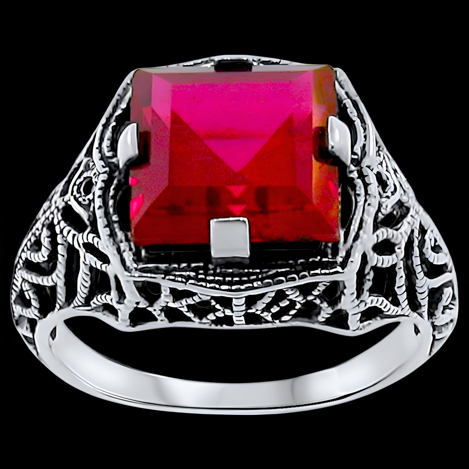 DECO ANTIQUE STYLE 925 STERLING SILVER 5 CT LAB-CREATED RUBY FILIGREE RING  #109