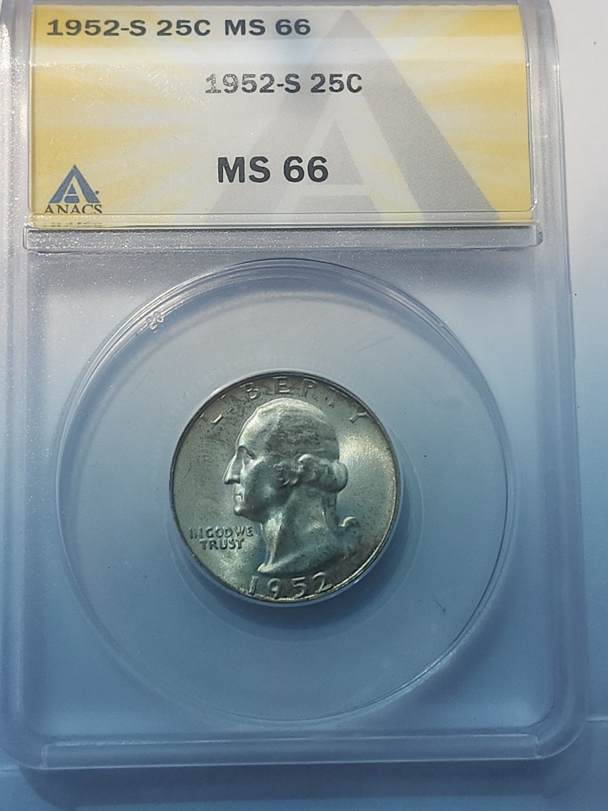 1952-S Silver Uncirculated WASHINGTON QUARTER ANACS MS66 Toned Free Shipping