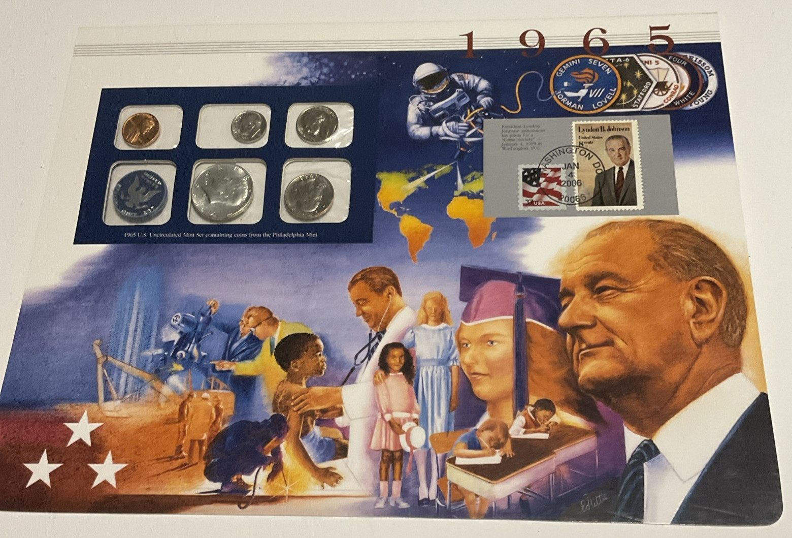 1965 P/D Uncirculated Mint Set Postal Commemorative Society Coin & Stamps