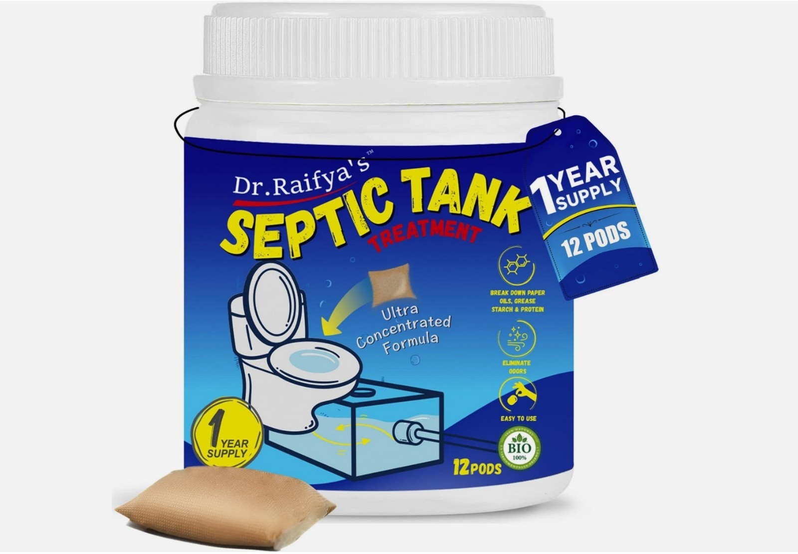 Dr.Raifya's Septic Tank Treatment Pods - 12 Pcs for 1-Year Supply | 12 Count