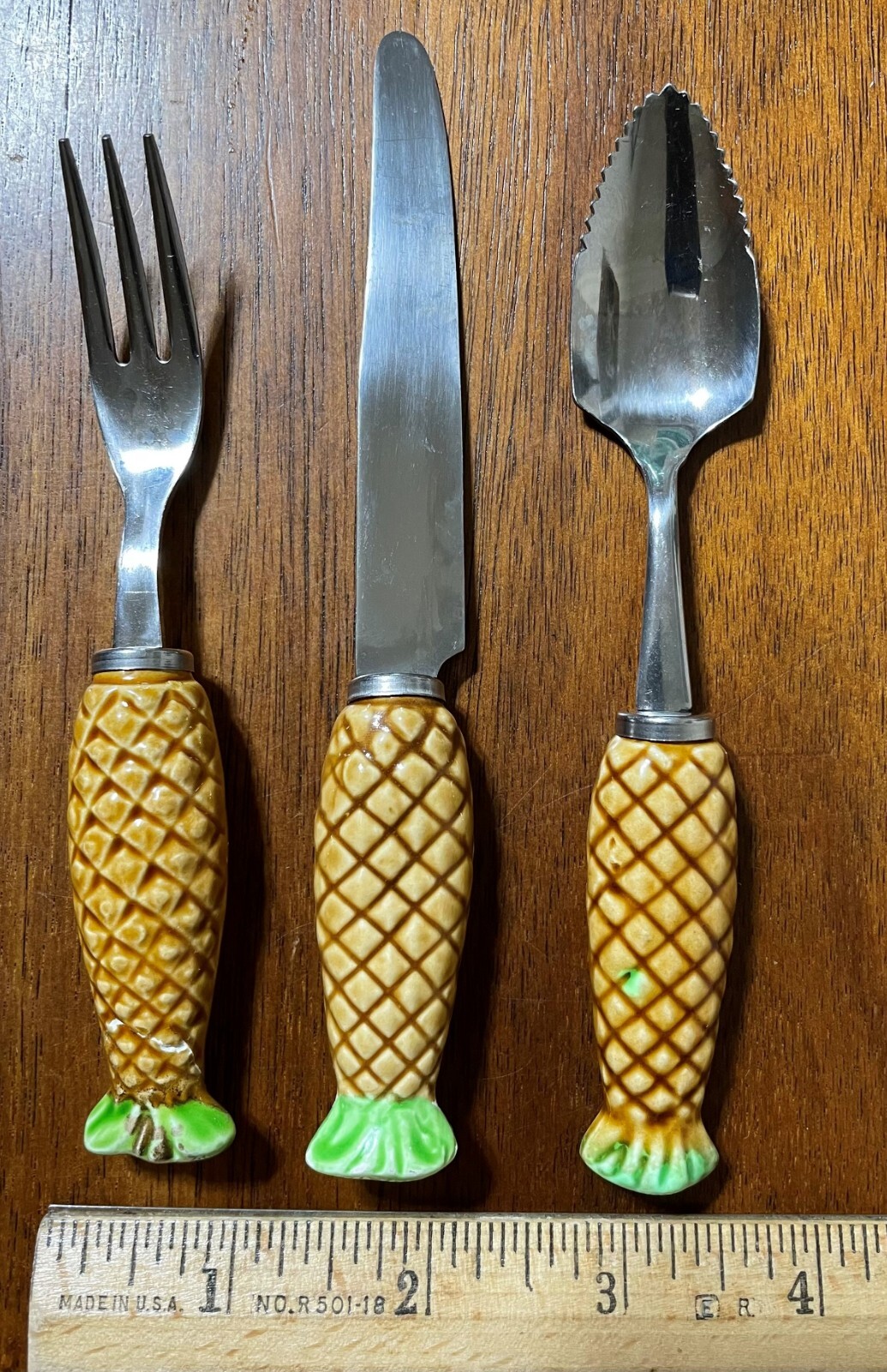 Vintage set Japan majolica ware charcuterie pineapple handles knife fork spoon