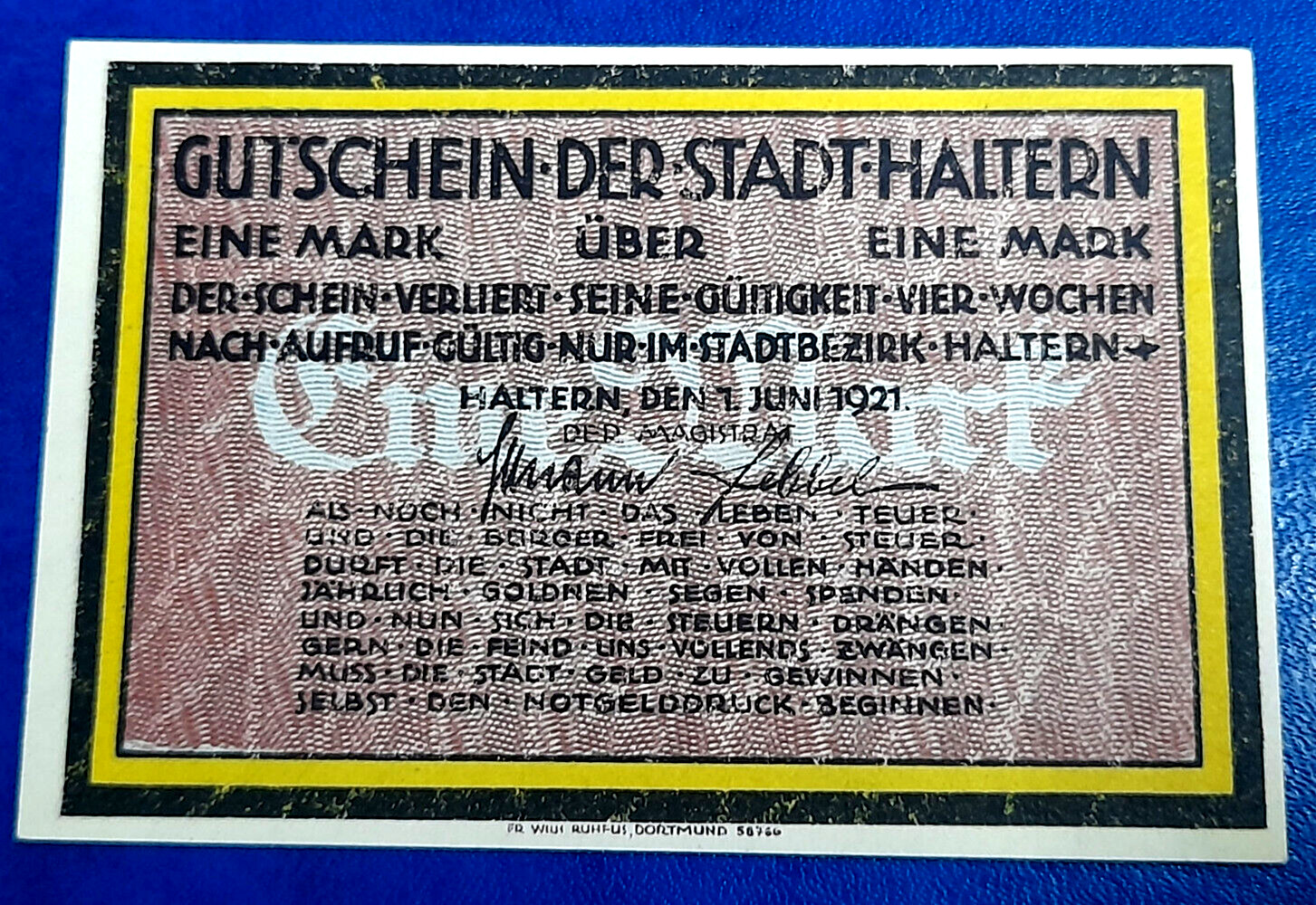 HALTERN NOTGELD 1 MARK 1921 EMERGENCY MONEY GERMANY BANKNOTE (31960)
