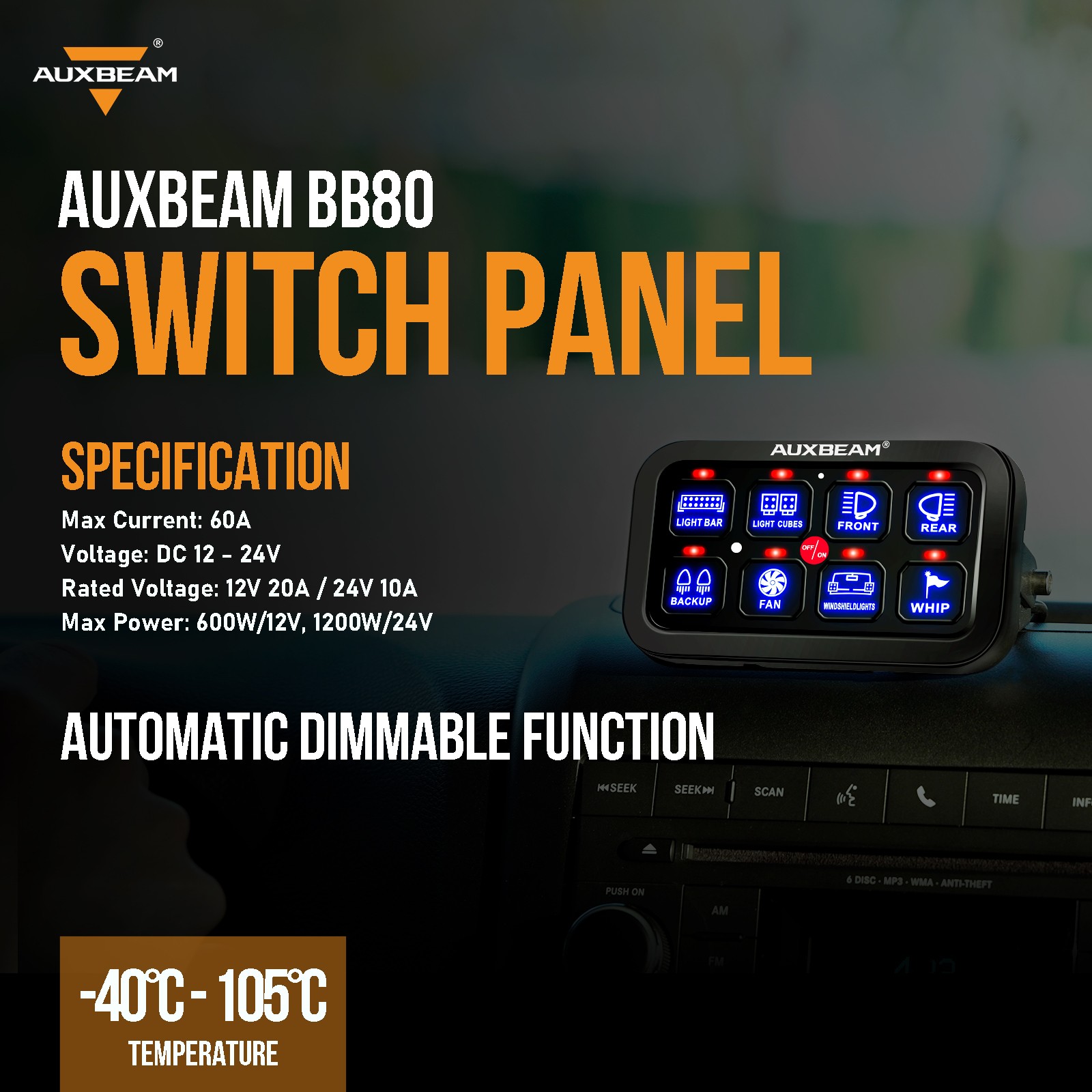 AUXBEAM Blue BB80 8 Gang on-off Switch Panel Automatic Dimmable System For Ford