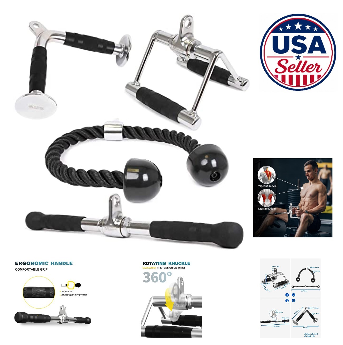 Cable Machine Attachments 4 Piece Set V Bar Triceps Rope Straight Bar Handle