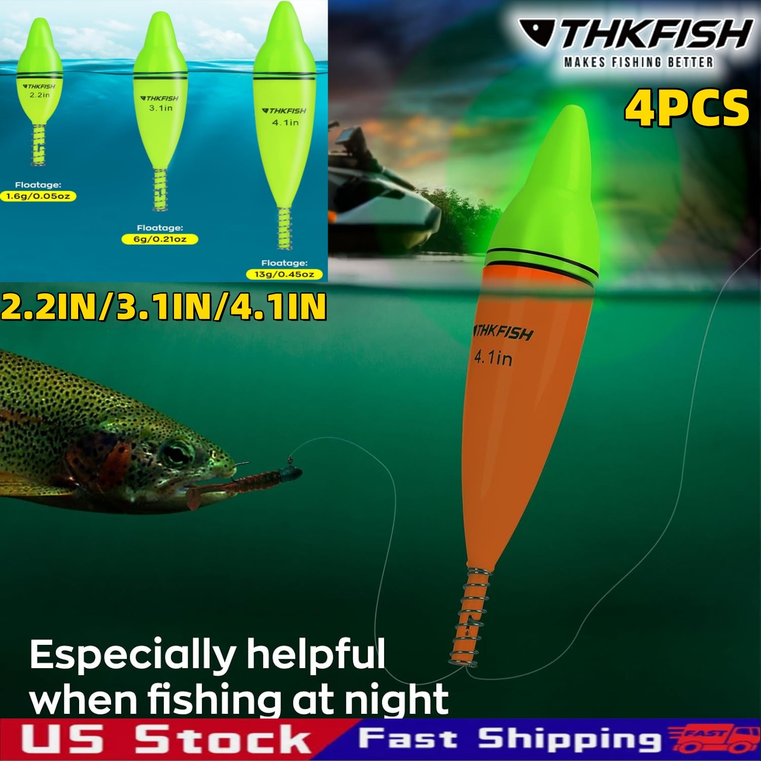 4pcs Lighted Fishing Slip Bobbers Light Up in Green Fishing Float for Fishing！！！