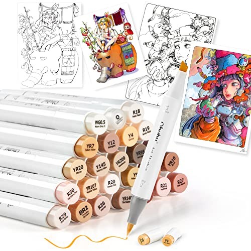 Ohuhu Illustration Marker 24 Skin Color Set Brush / Bold both ends Blender Pen