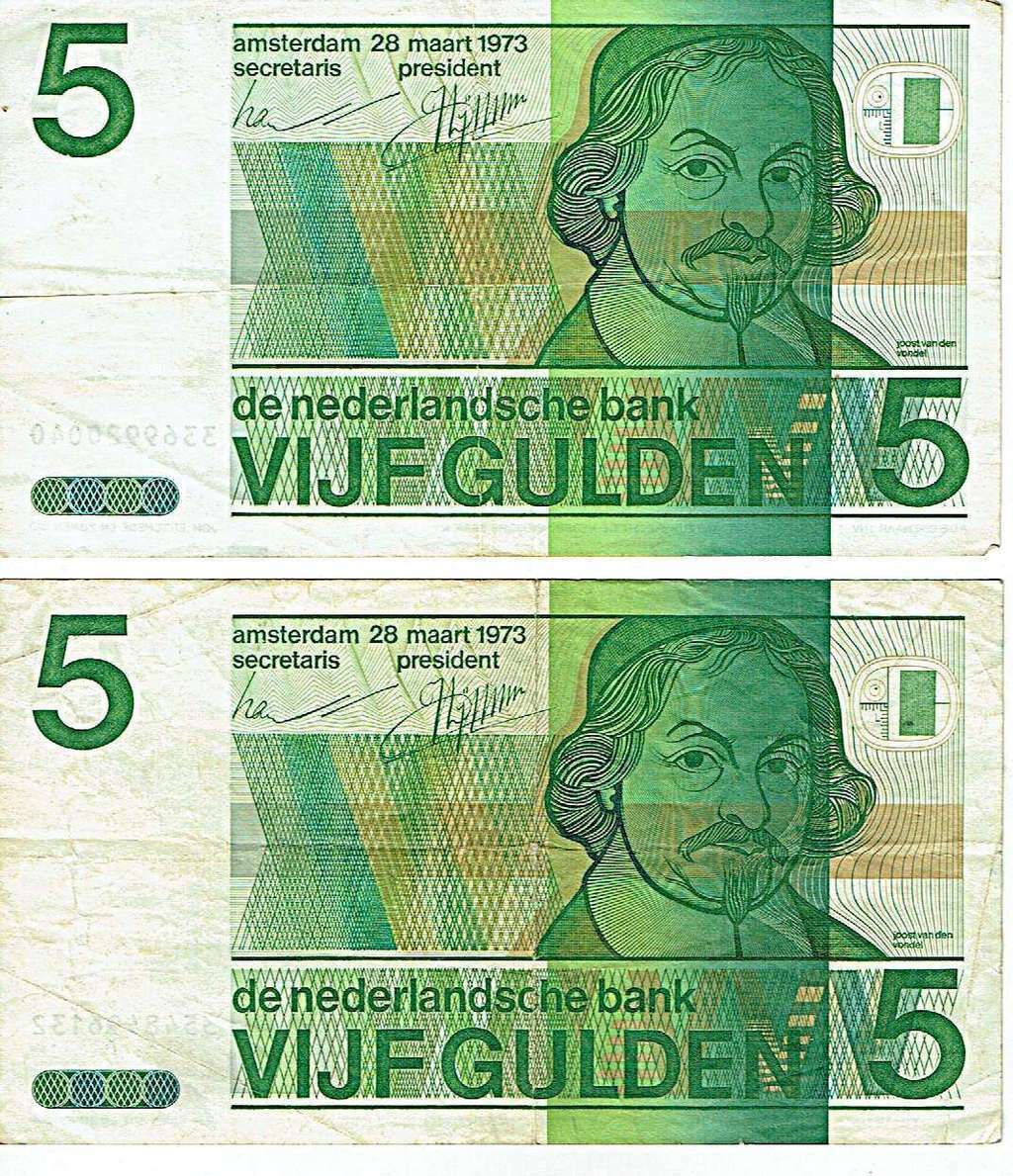 NETHERLANDS 2 BANKNOTES 5 Gulden vom 28.03.1973