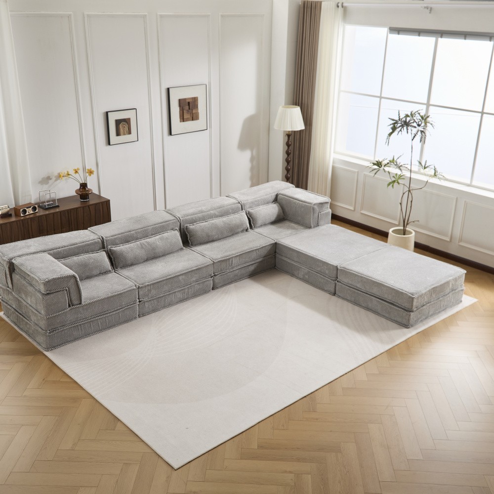Convertible Floor Sofa Bed w/ 2 Ottomans - Light Grey Fleece - 4 Seat