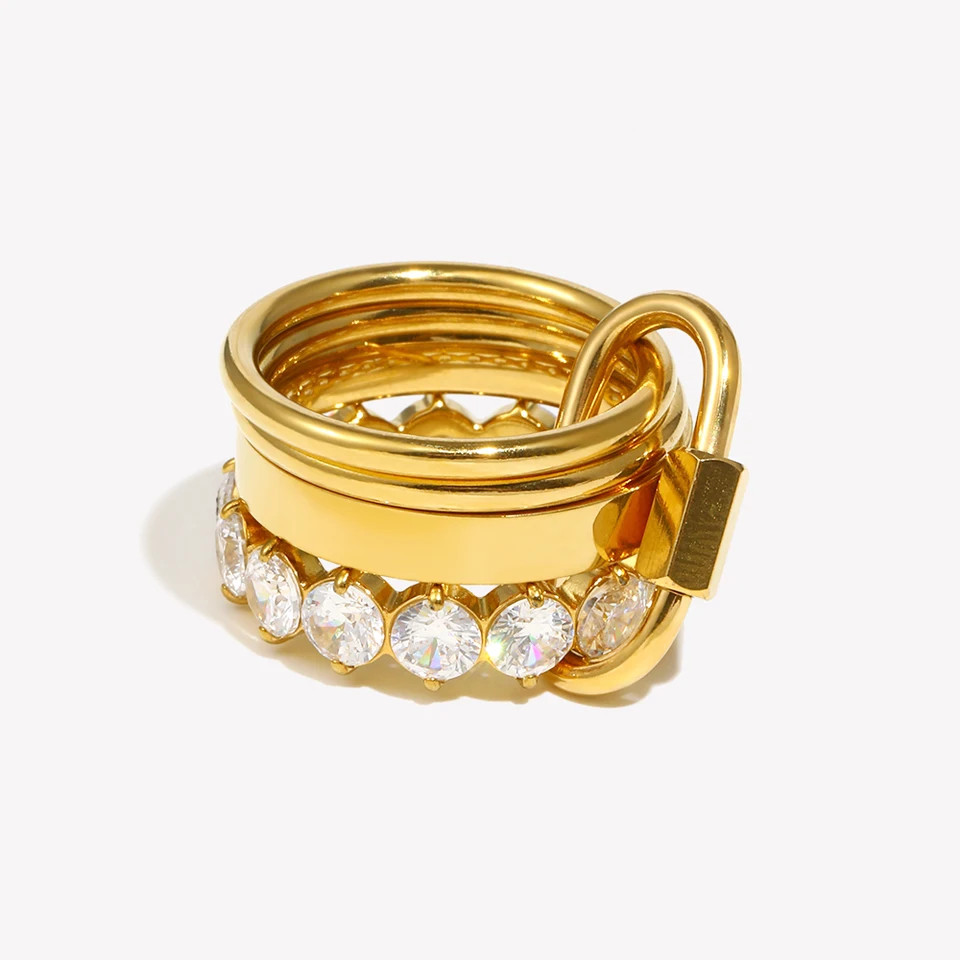 Gold Plated Stainless Steel Ring Multi Layer Simulated Zirconia Band Jewelry
