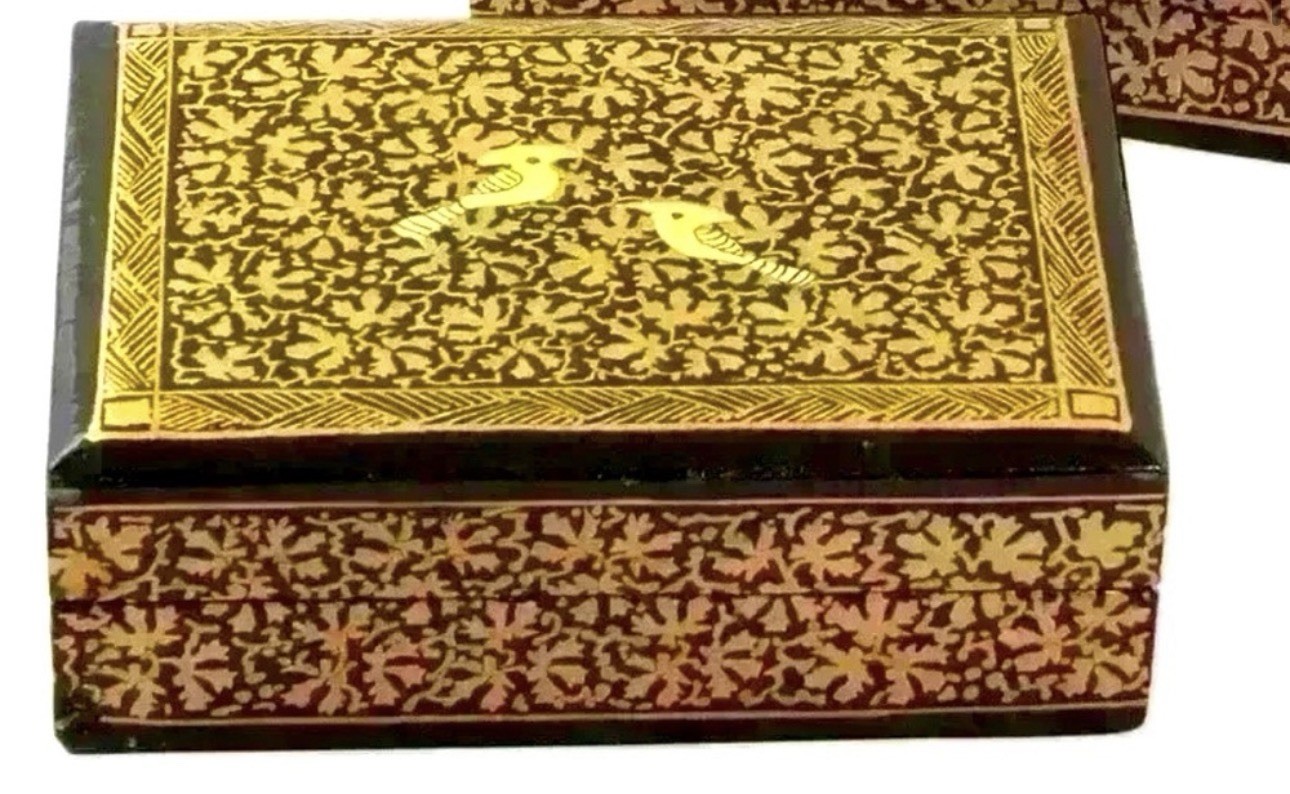Handcrafted Wooden Box India Avian Whispers Gold Bird artisan