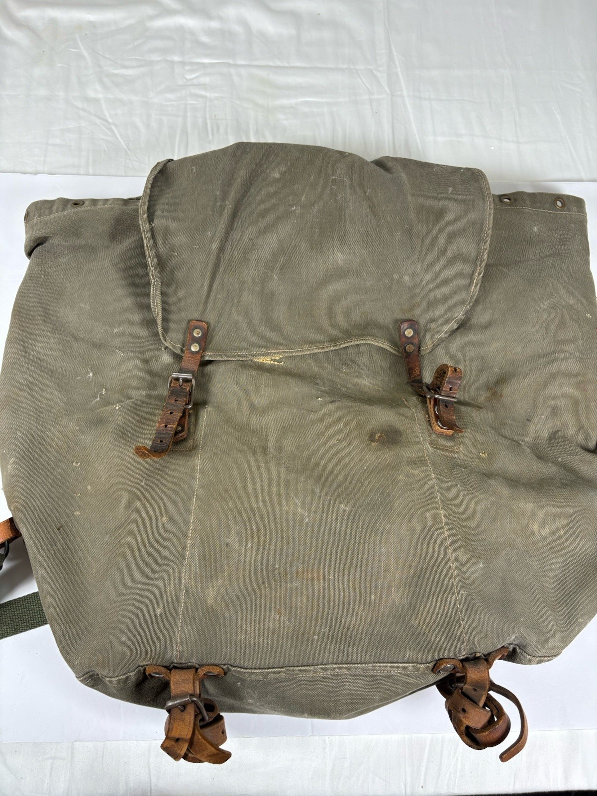 Vintage Military Canvas Rucksack Backpack Leather Straps Army Field Pack  READ