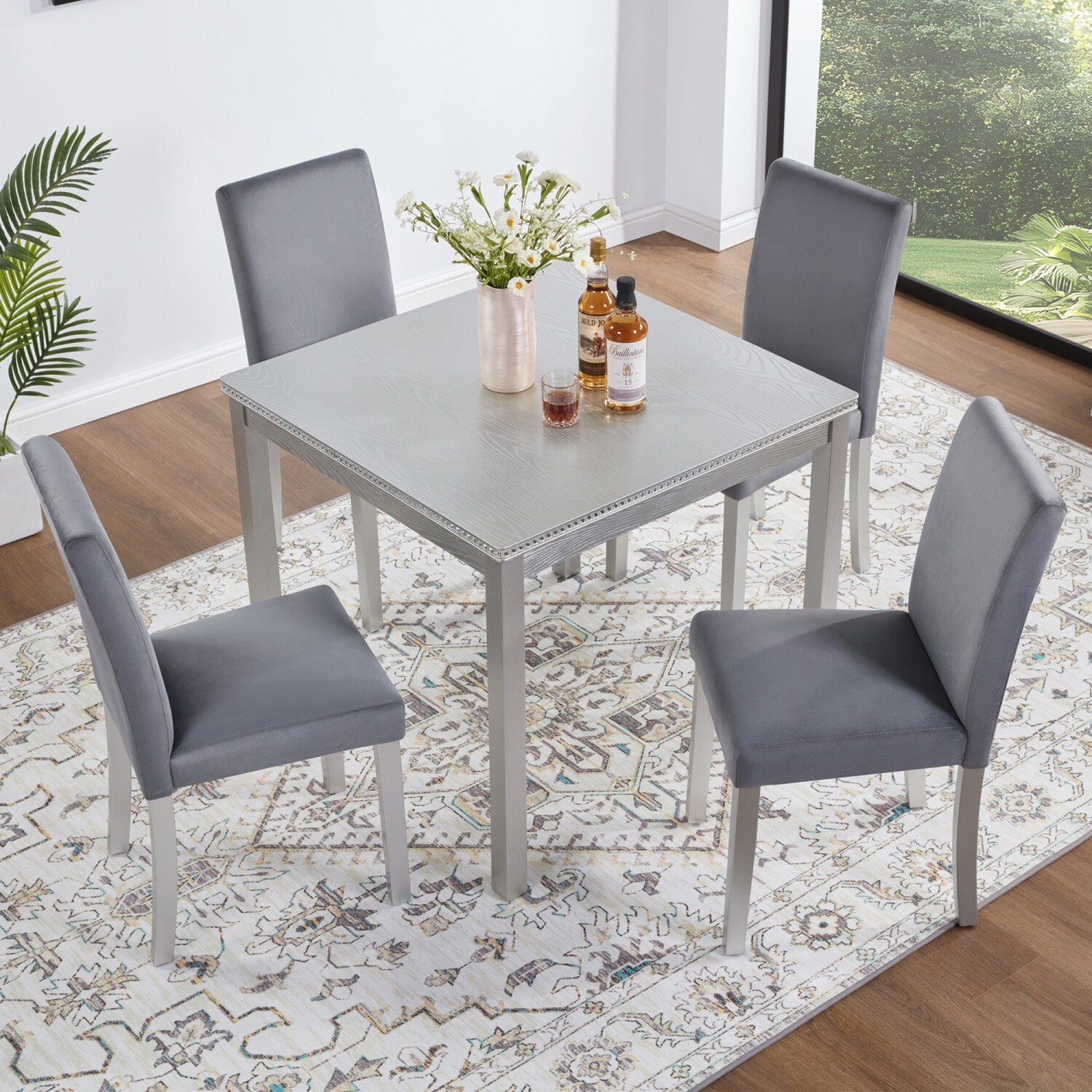 5 Piece Dining Table Set Wooden Square Dining Table and 4 Chairs for Dining Room