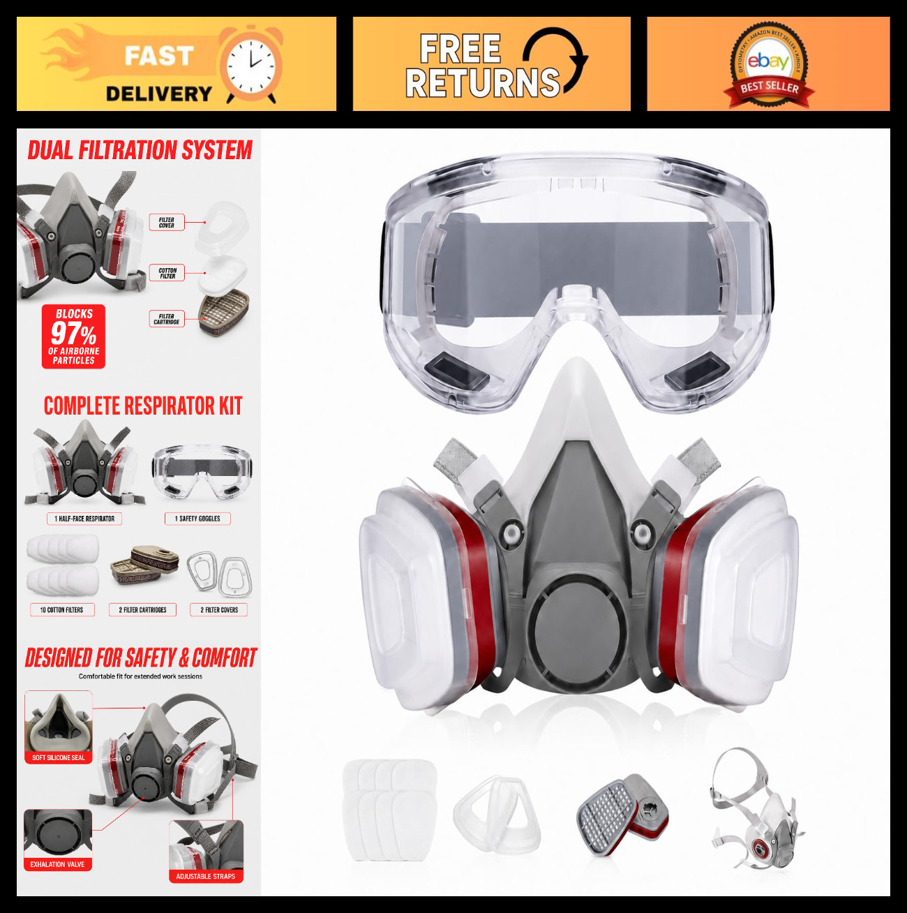 Premium Reusable Half Face Respirator Kit with Safety Glasses for Gas, Painting,