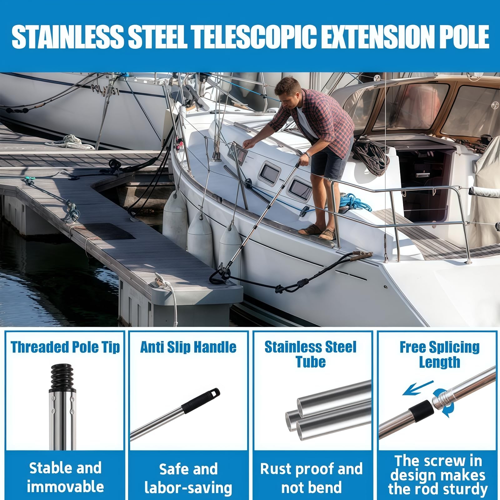 Boat Hook with 3-12Ft Adjustable Extension Pole, Push Pole for Boat, Stainles...