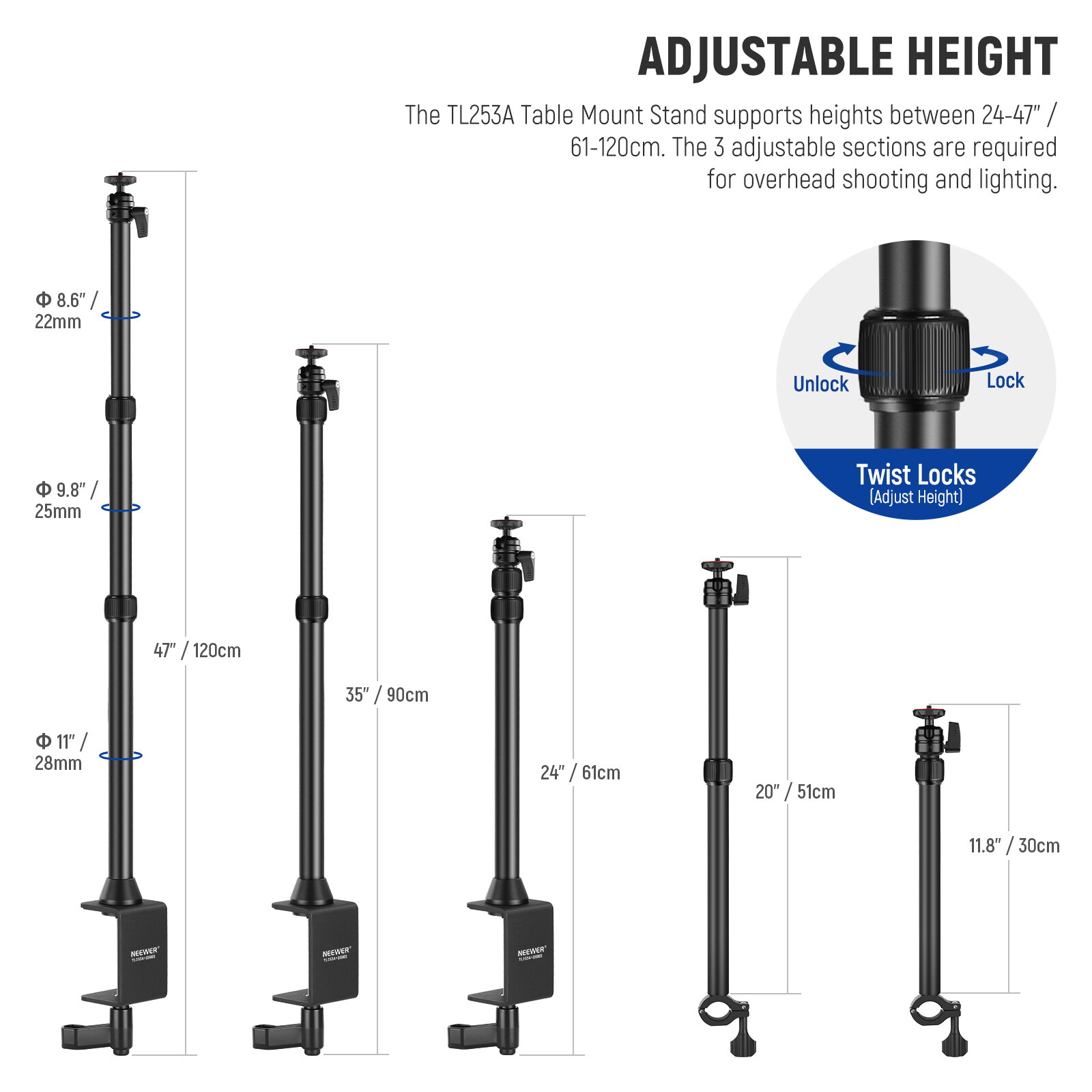 NEEWER Tabletop Overhead Camera Mount Stand&2 Section Telescopic Extension Arm