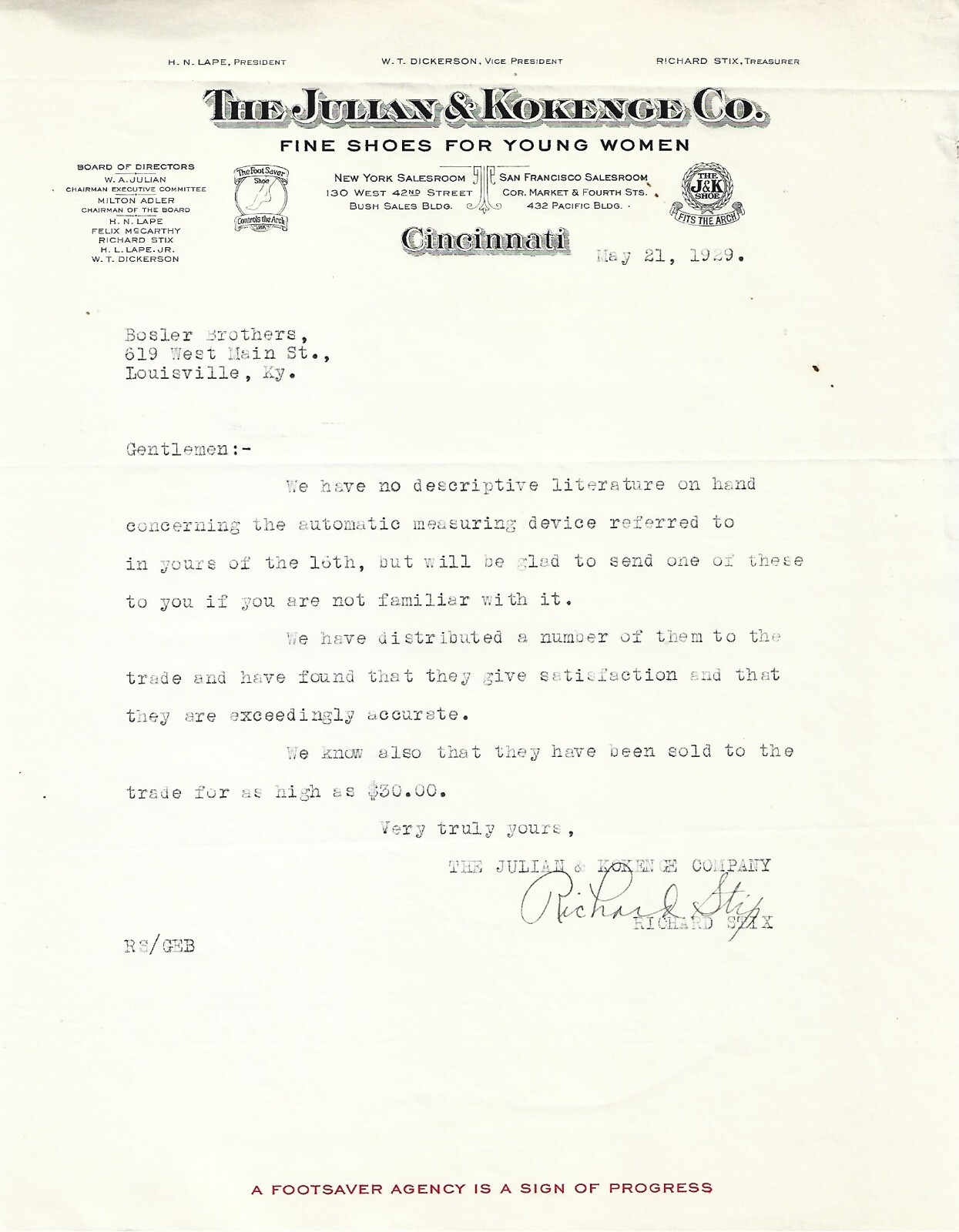 1929 THE JULIAN & KOKENGE CO~ADV LETTERHEAD~CINCINNATI, OHIO~FINE SHOES-WOMEN