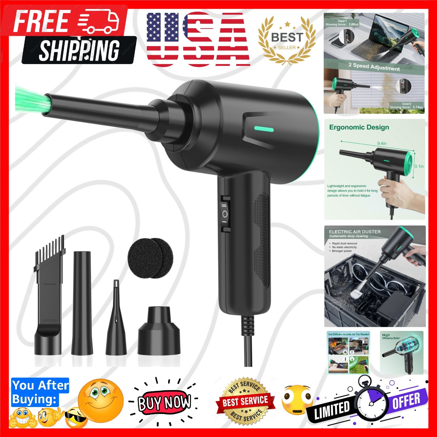 Air Duster - Electric Air Blower - 5.74oz High Power Cleaning for Computer - ...
