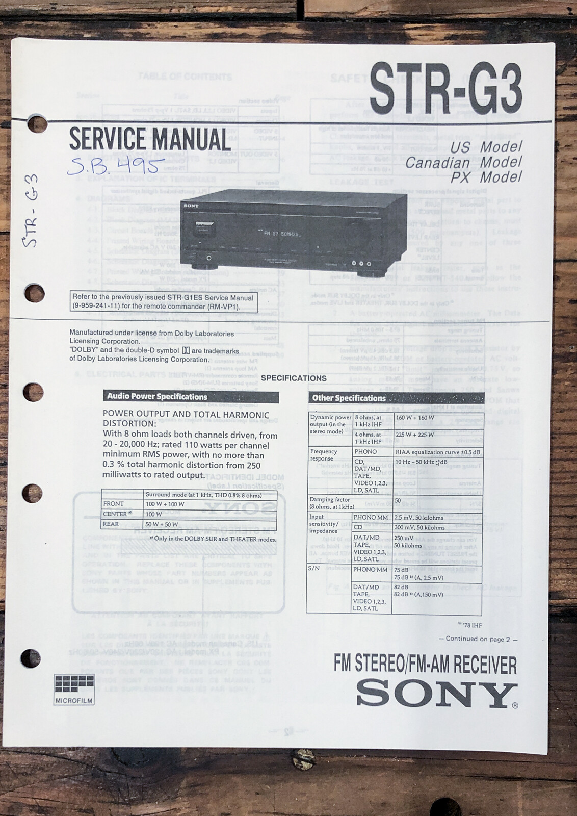 Sony STR-G3 Receiver  Service Manual *Original*