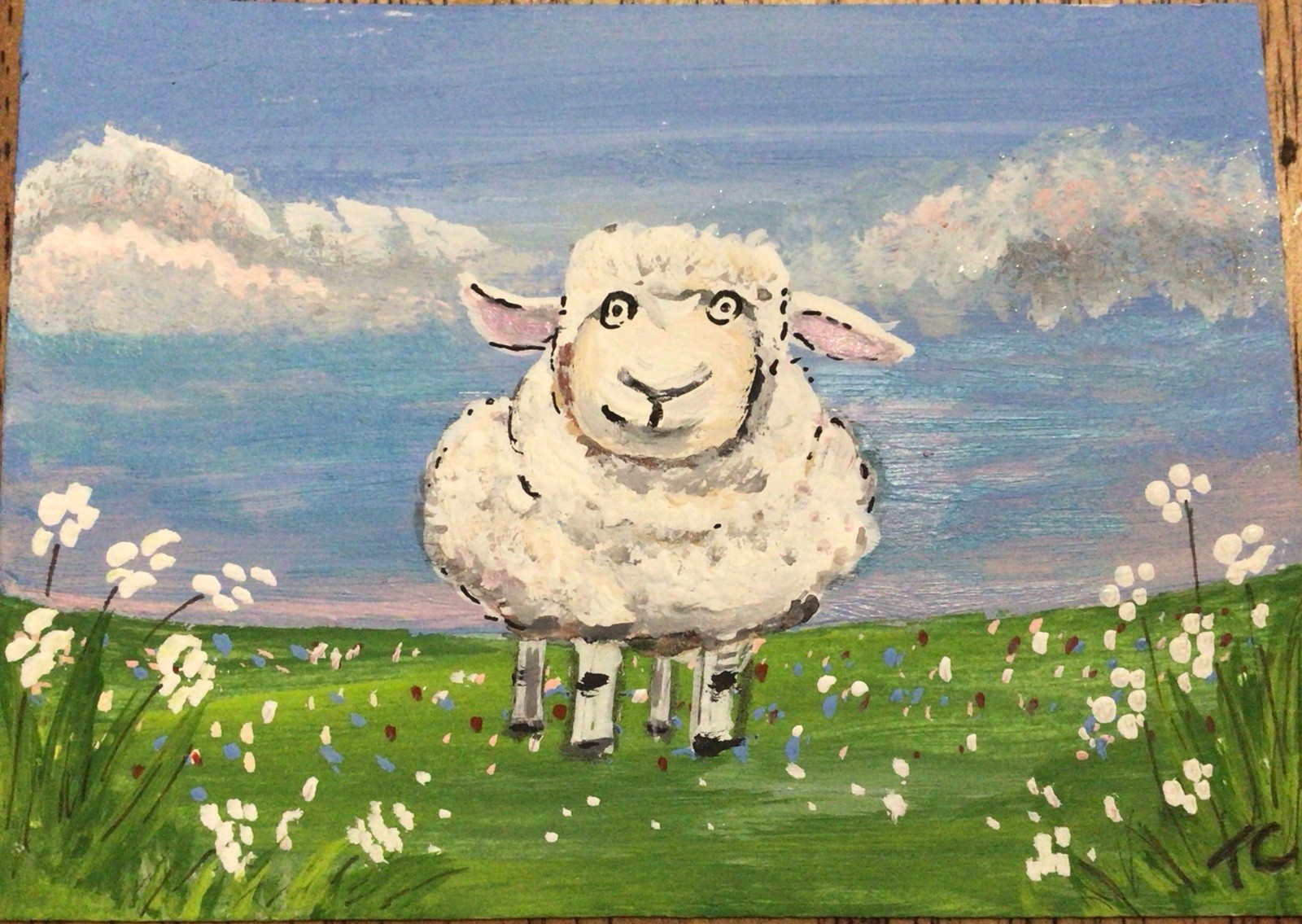 ACEO Original Painting Art Card,acrylic, Landscape Flowers, sheep animal