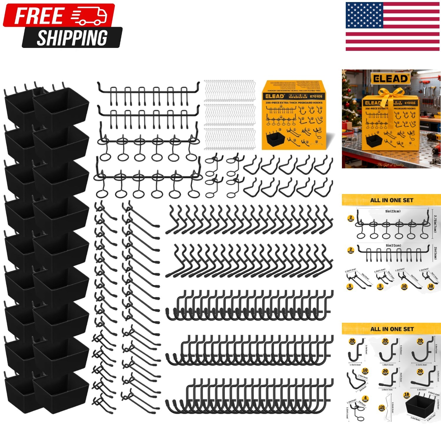 286-Piece Extra Thick Pegboard Hooks Set, 1/4" Heavy Duty Black Peg Board Org...