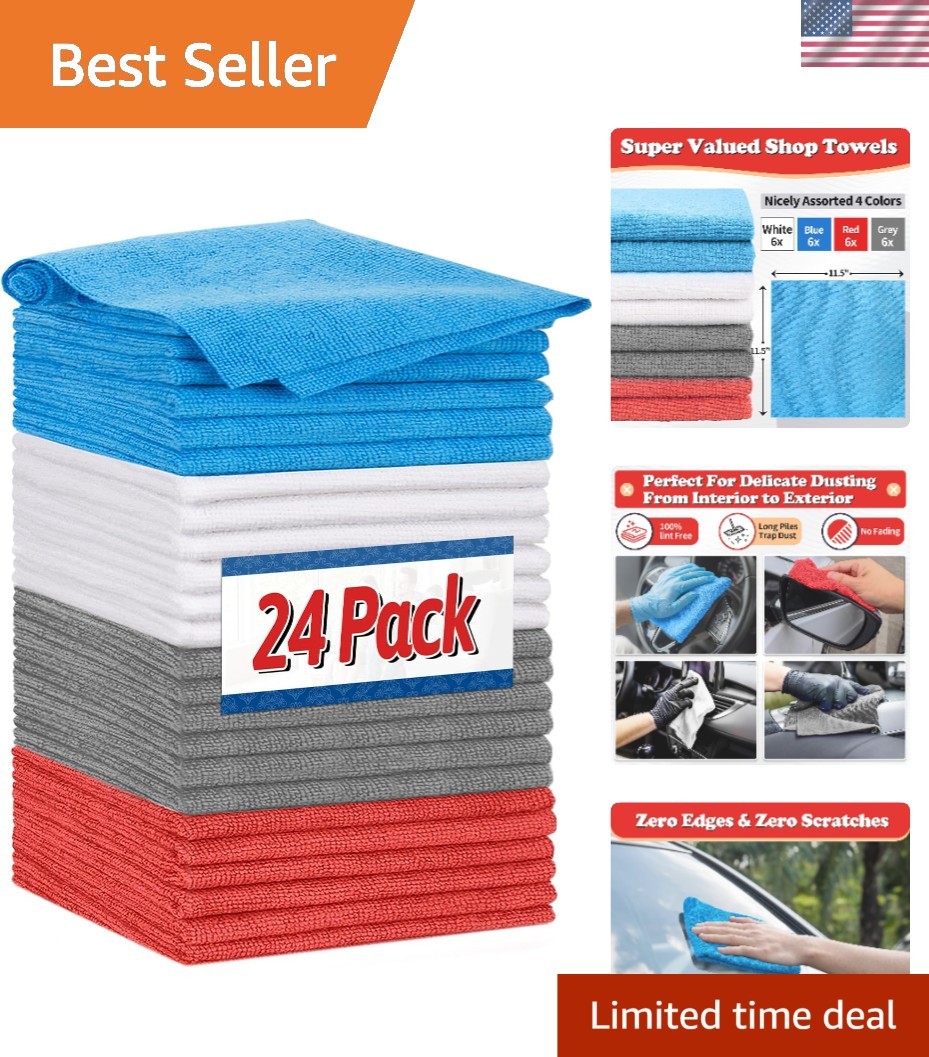 Microfiber Car Cleaning Rags, 24-Piece Set - Durable & Machine Washable