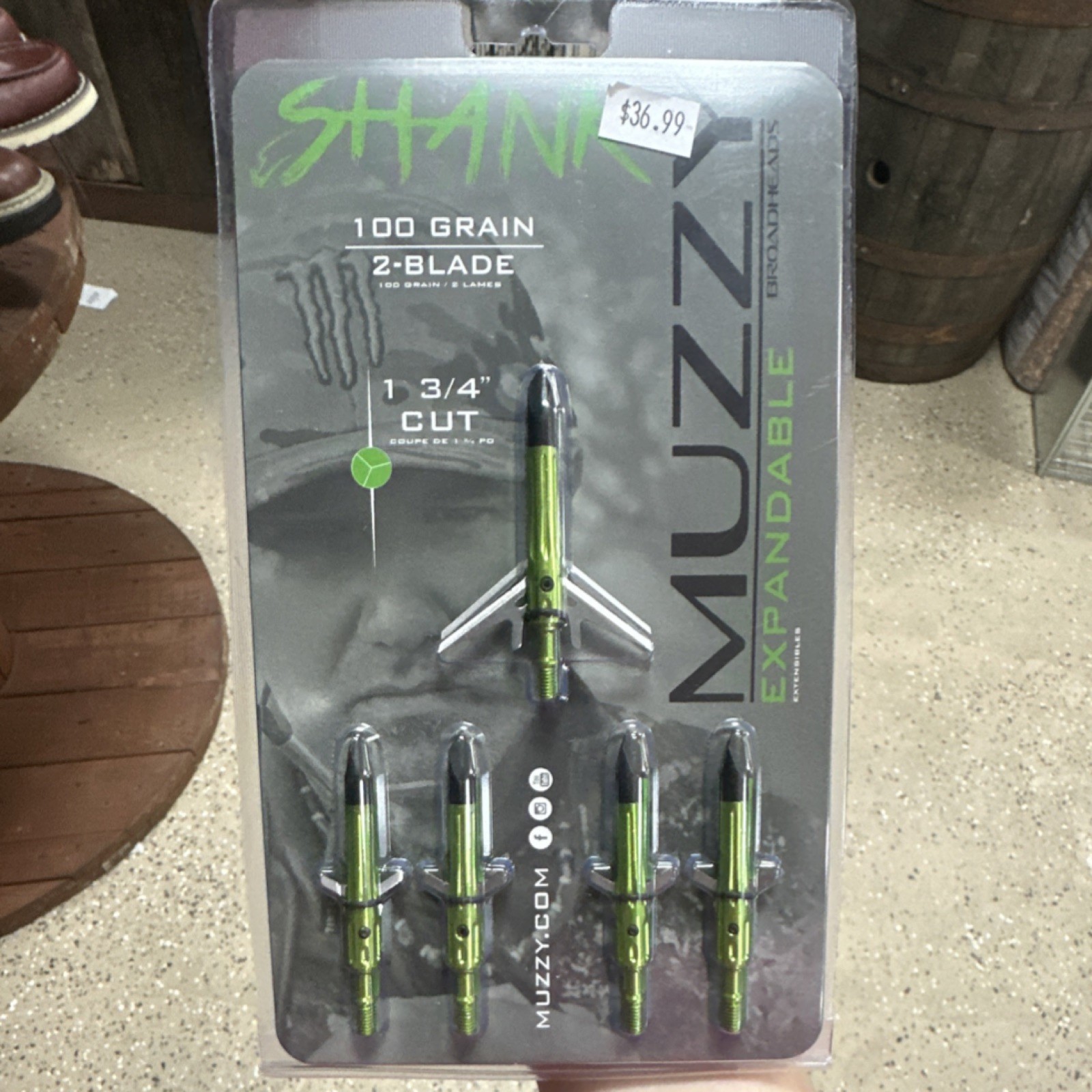 Muzzy Shank 100 Grain 2-Blade Expandable Broadheads 1 3/4in Cut Green Silver
