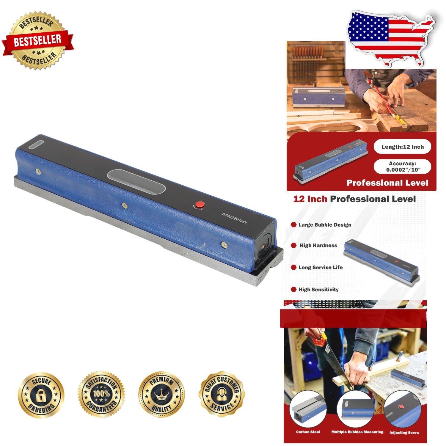 Accurate 12" Horizontal Level - Toolmakers, Machinists, 0.0002/10" Precision