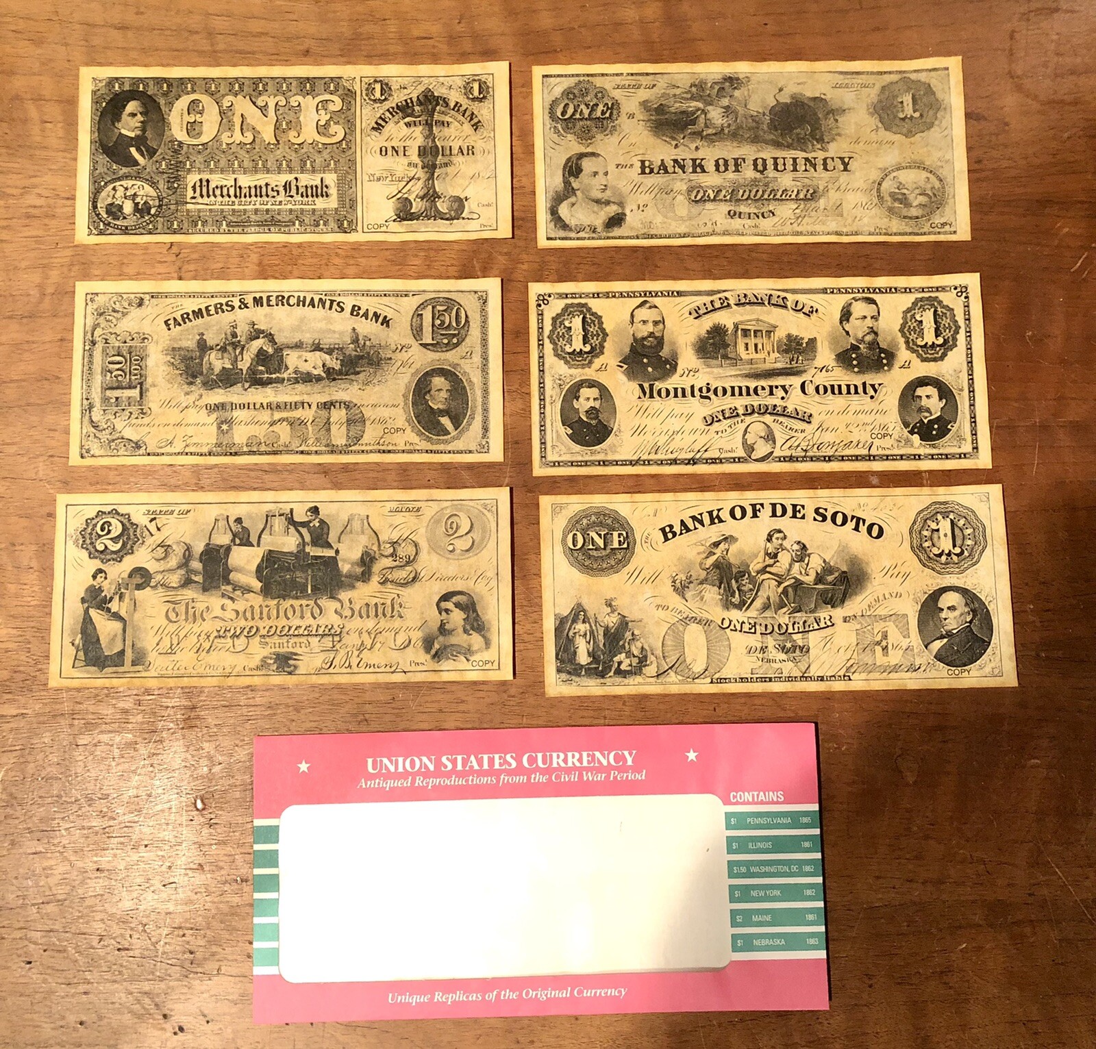 6 Antiqued Reproduction Civil War Period Union States Currency 1995 Historical