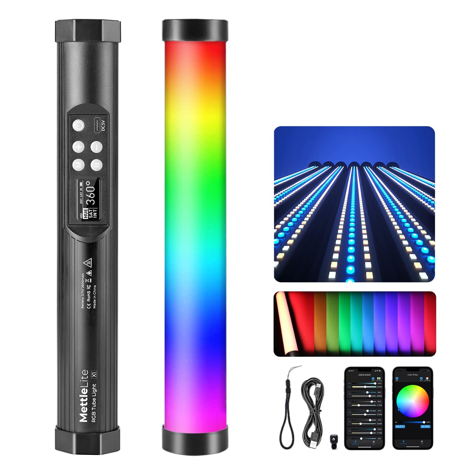 TLX1 RGB Tube Light Full Color Portable Video Light with APP Control 2800K-80...