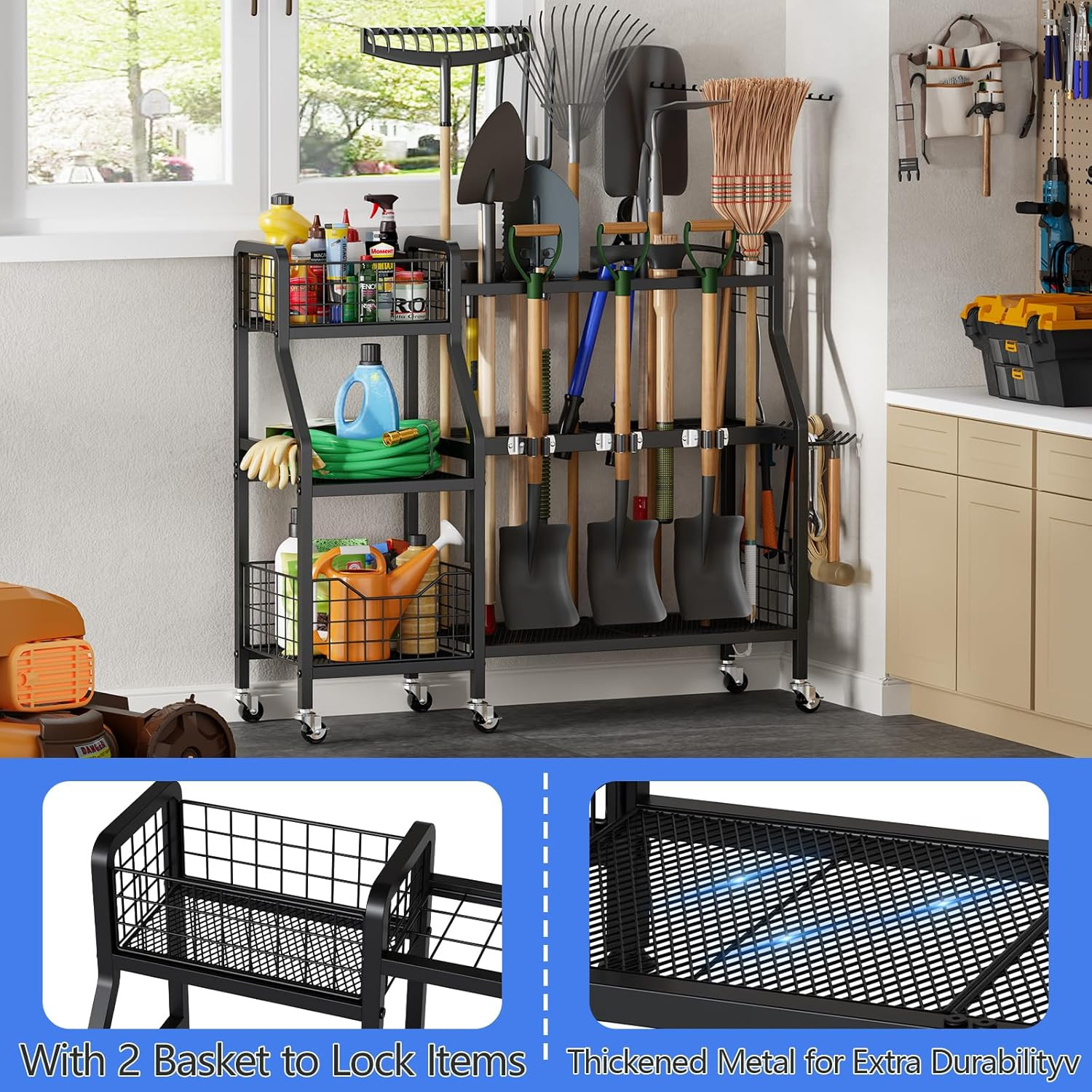 Garden Tool Organizer with 6 Wheels(3 Lockable), Heavy Duty Yard Tool Organizer