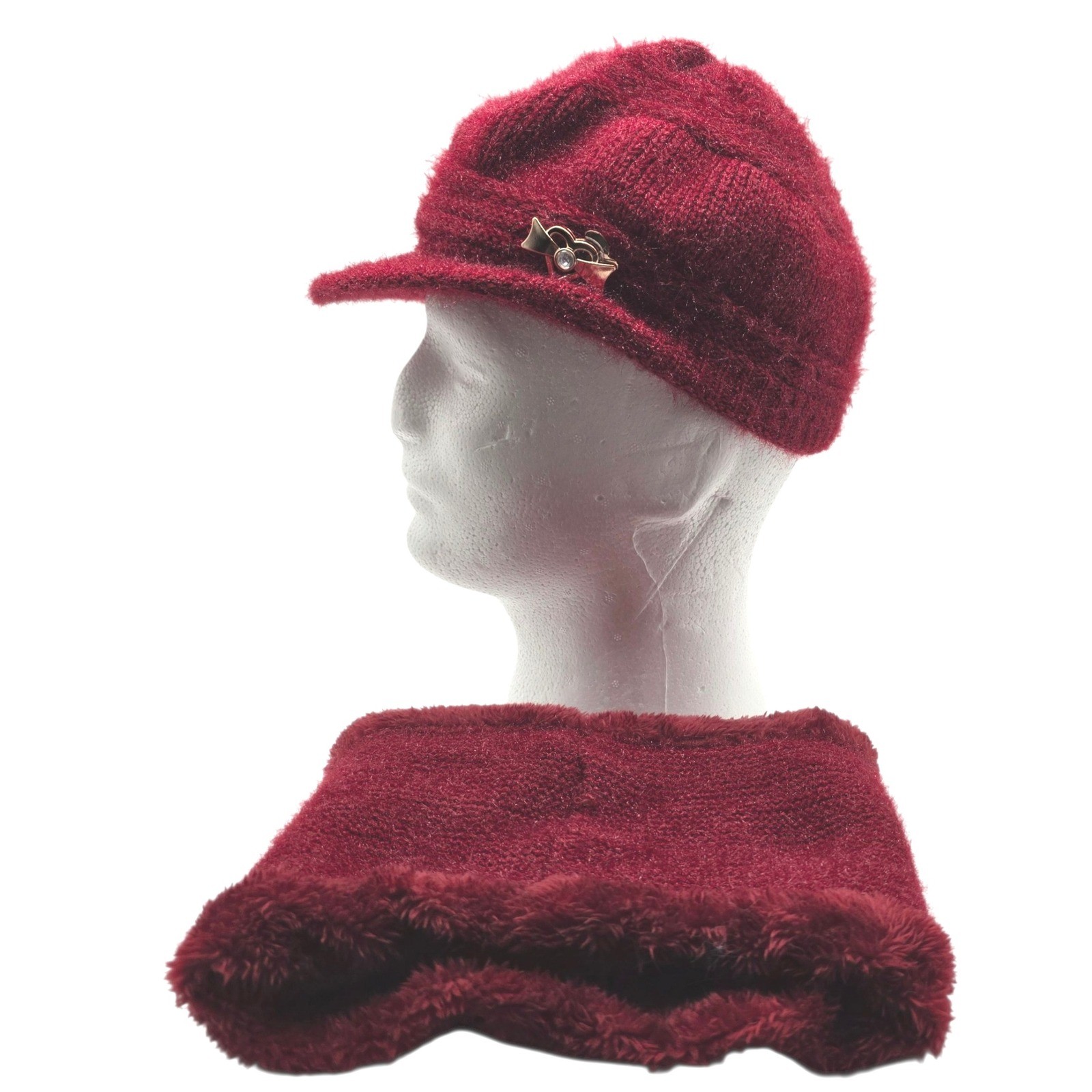 Women's Cozy Knit Hat and Handwarmer Set Burgundy Soft Warm Winter Fashion