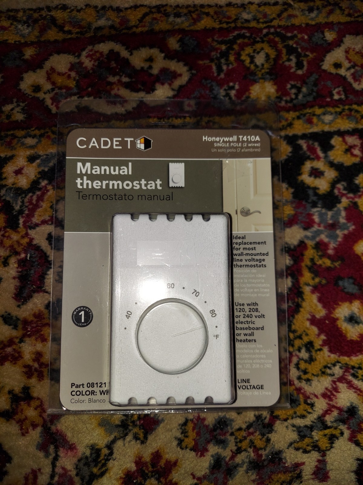 Cadet  Manual Thermostat Single Pole Honeywell T410A Part # 08121, White, NEW