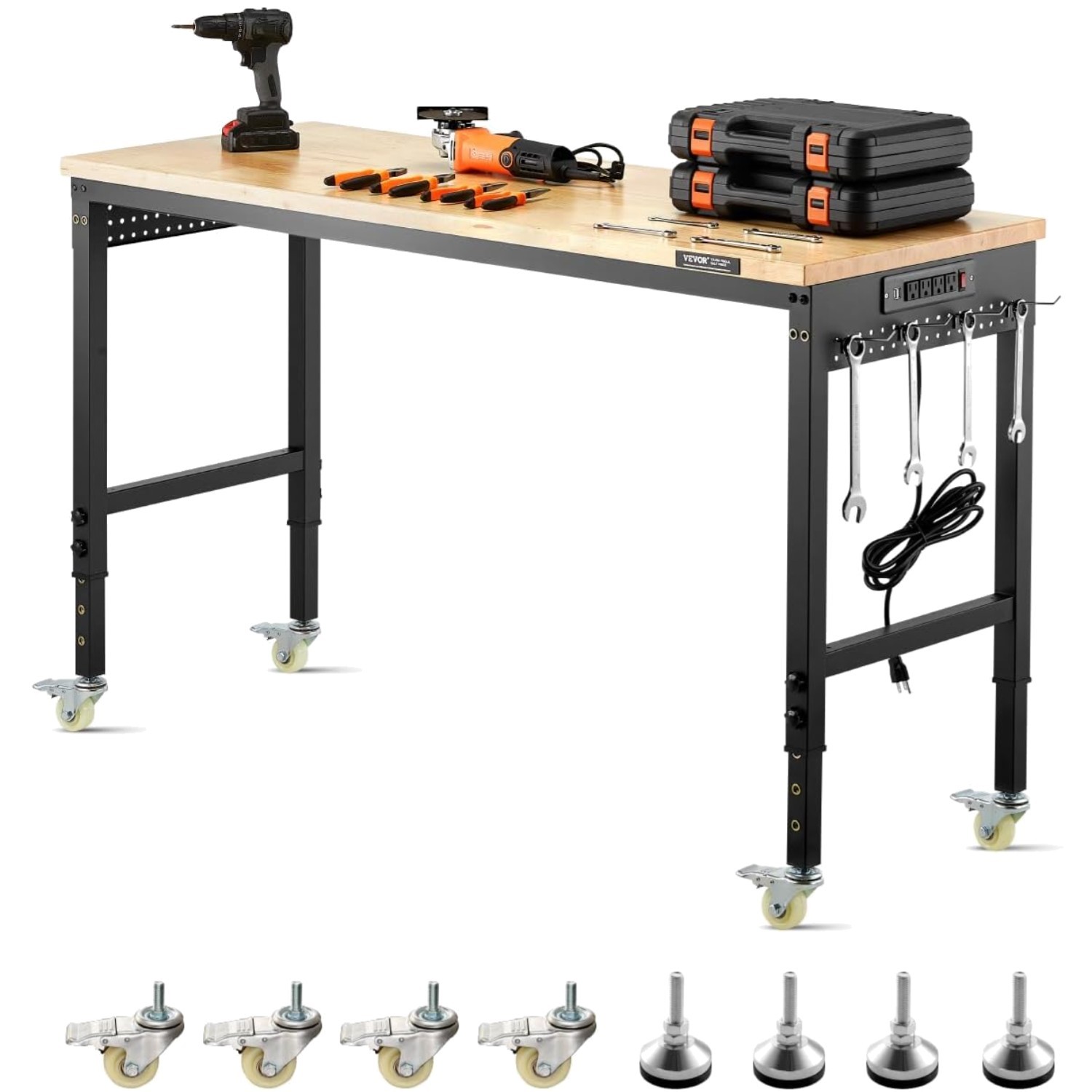 Adjustable Oak Workbench with Pegboard, 2000 lbs Load